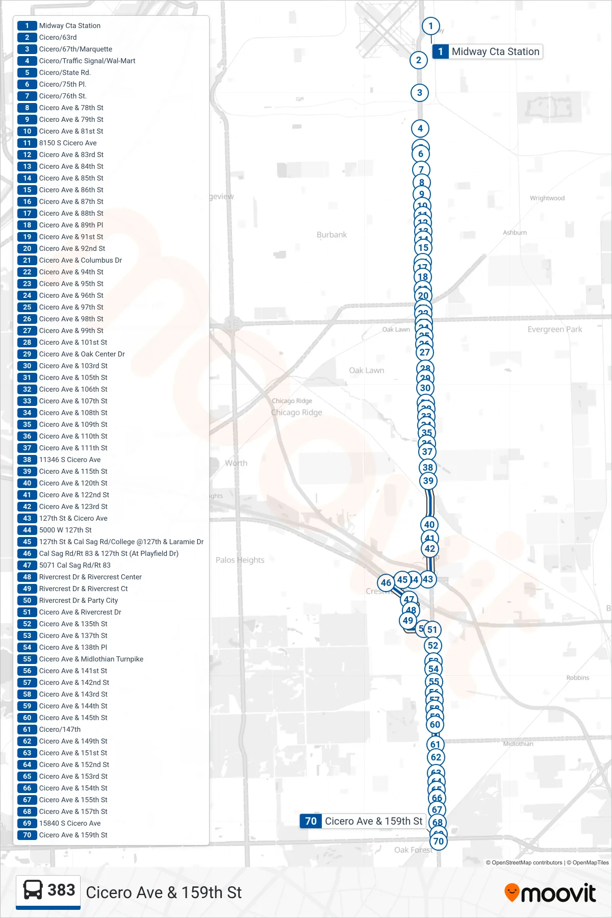 383 bus Line (Cicero Ave & 159th St) route and stops on a map