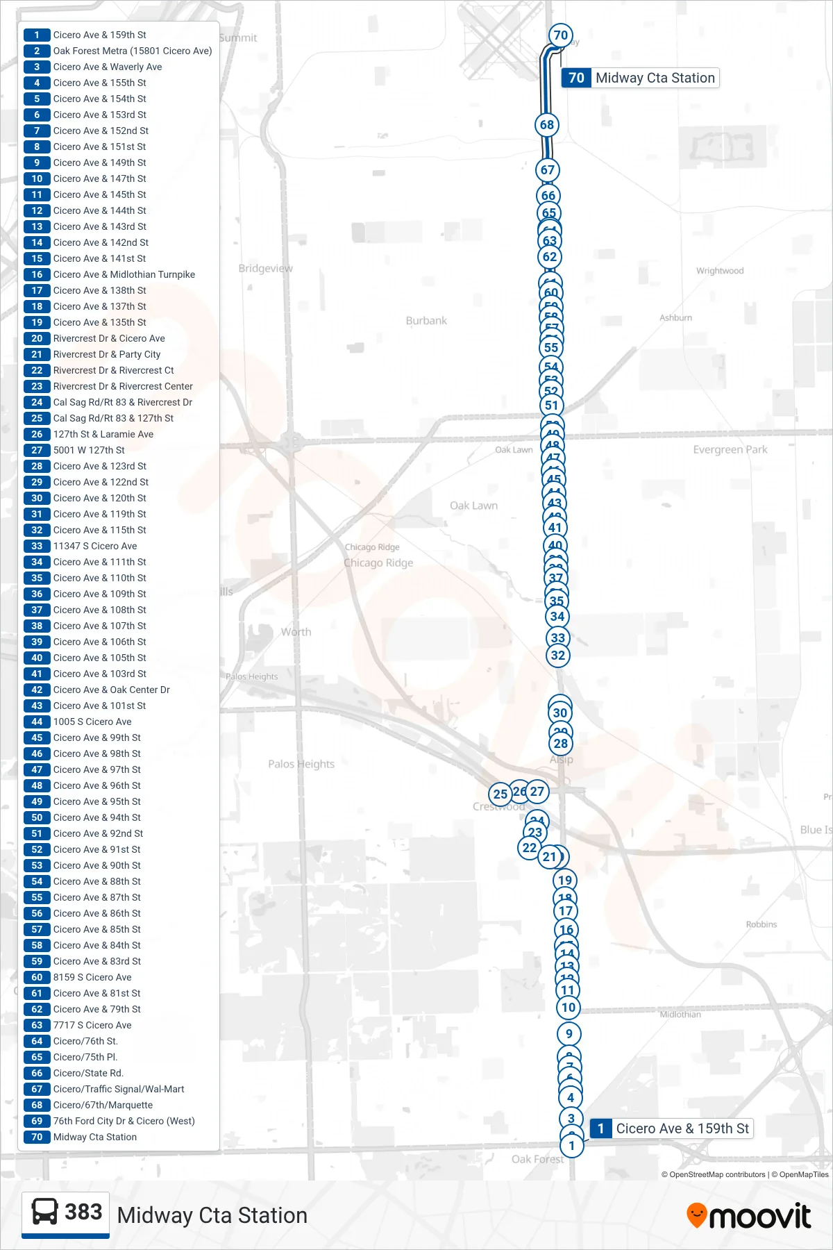 383 bus Line (Midway Cta Station) route and stops on a map