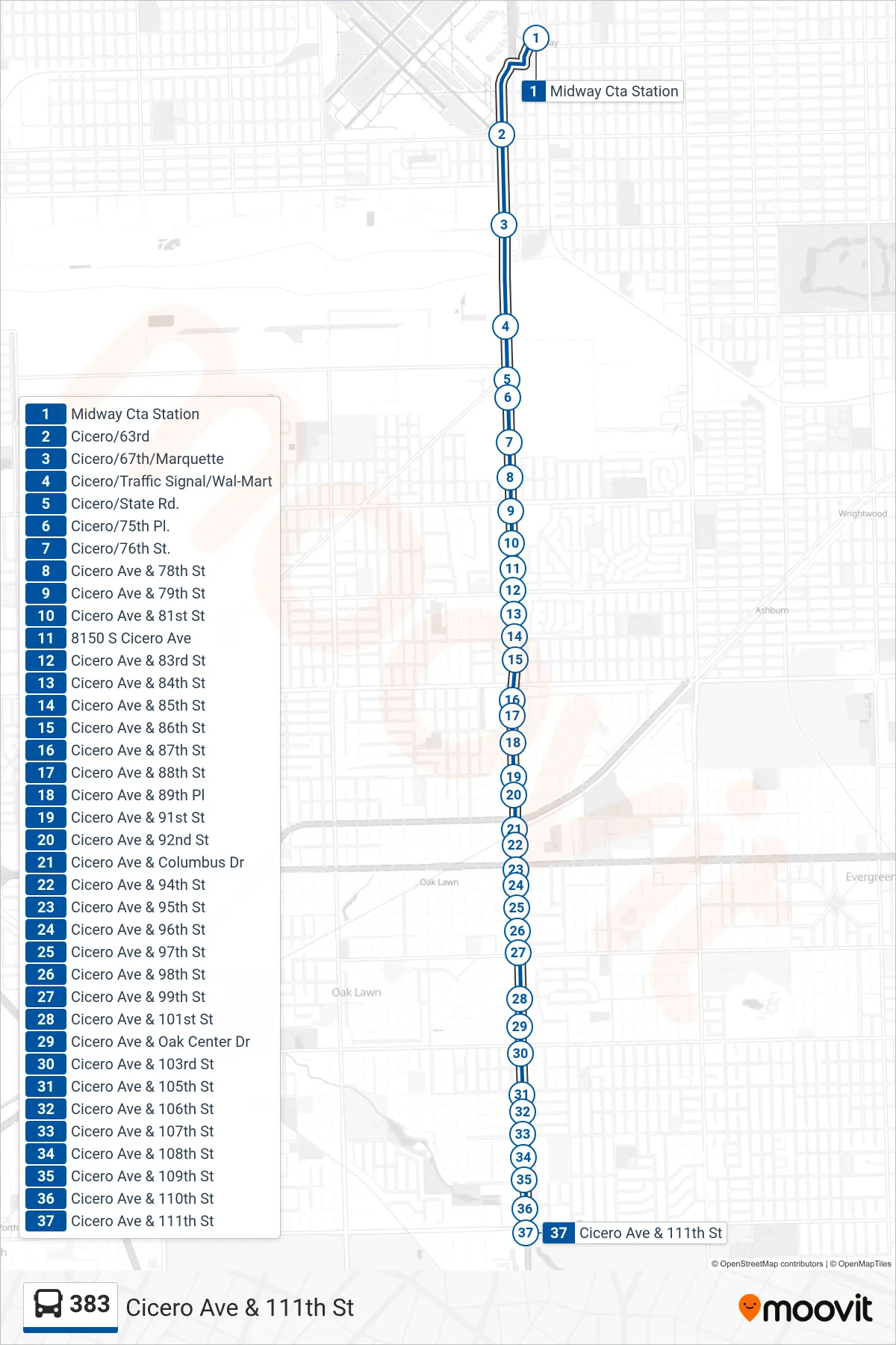 383 bus Line (Cicero Ave & 111th St) route and stops on a map