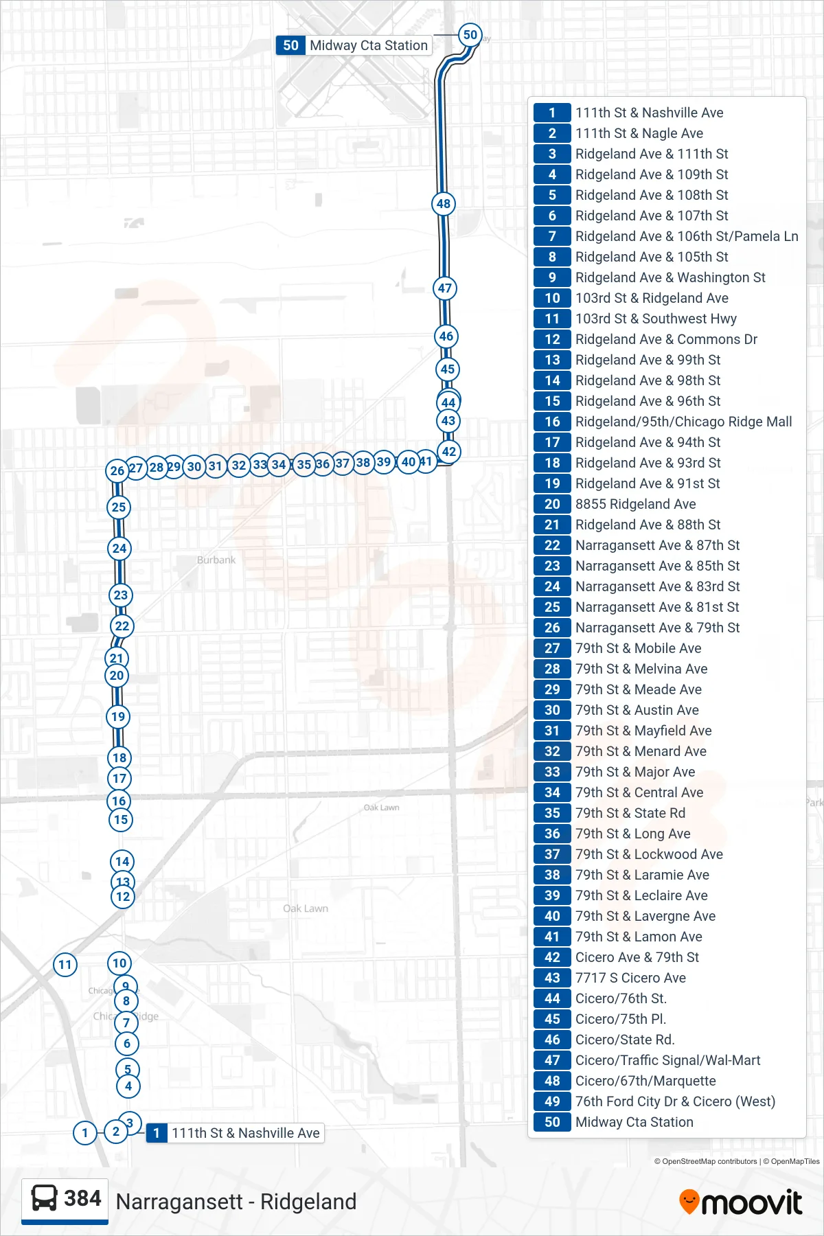 384 bus Line (Midway Cta Station) route and stops on a map