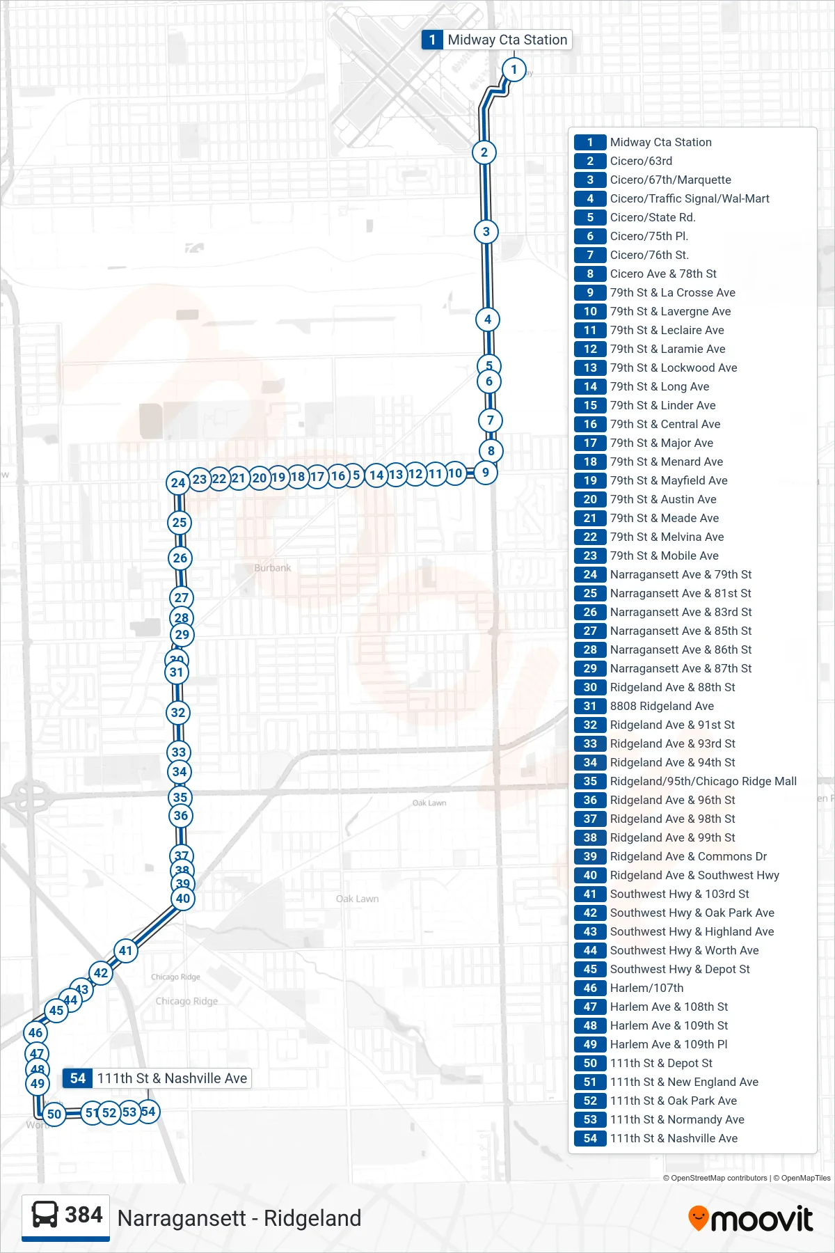384 bus Line (111th St & Nashville Ave) route and stops on a map