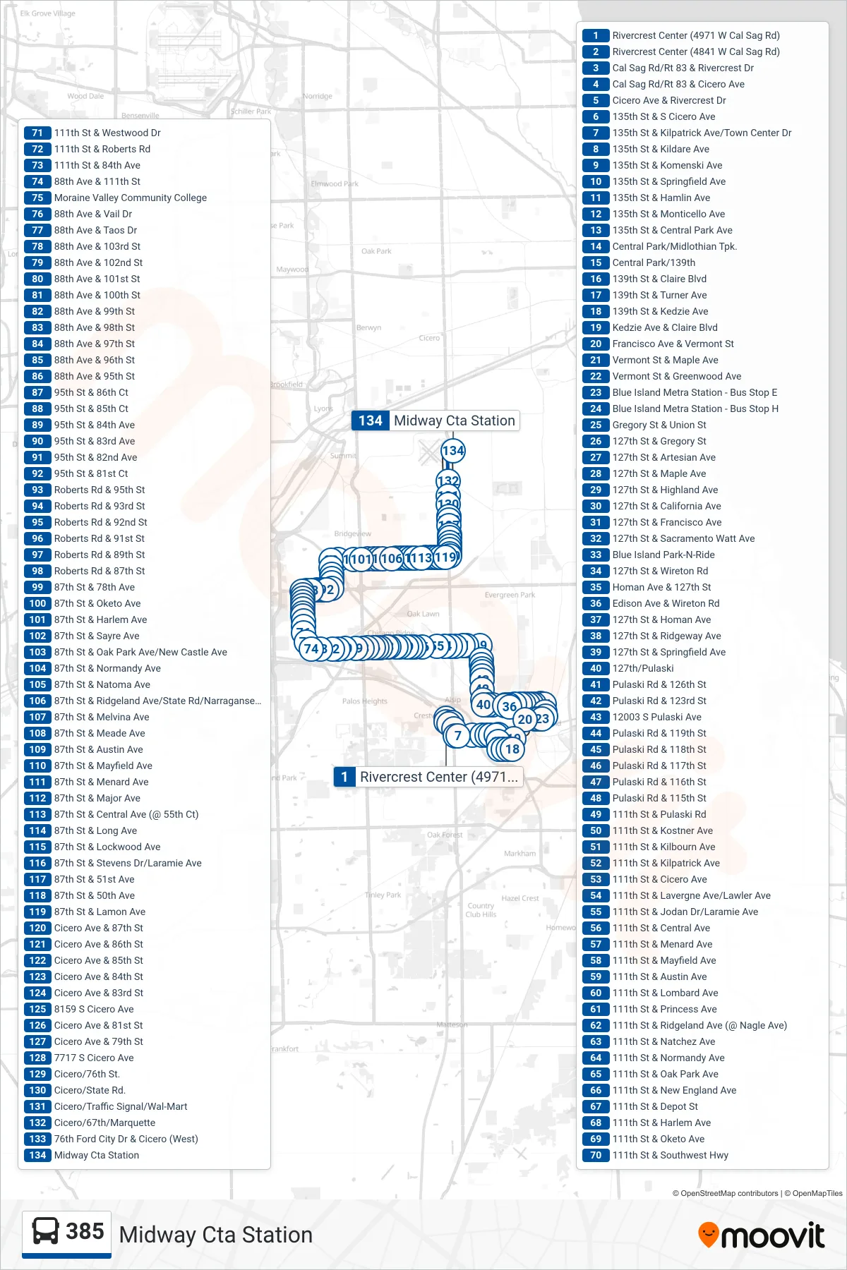 385 bus Line (Midway Cta Station) route and stops on a map