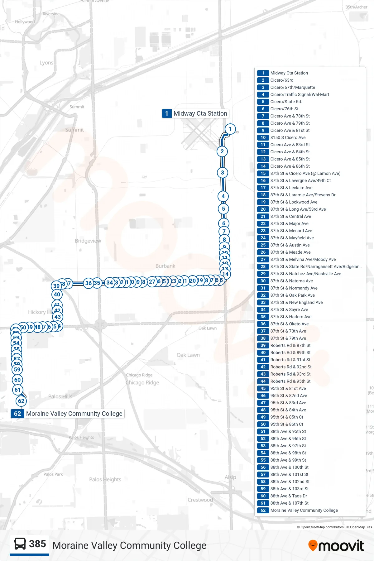385 bus Line (Moraine Valley Community College) route and stops on a map