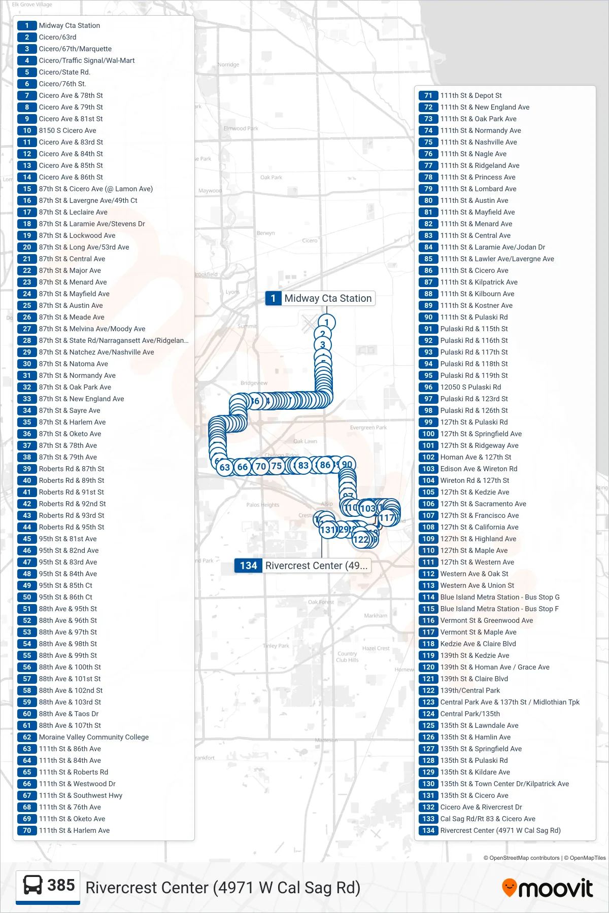 385 bus Line (Rivercrest Center (4971 W Cal Sag Rd)) route and stops on a map