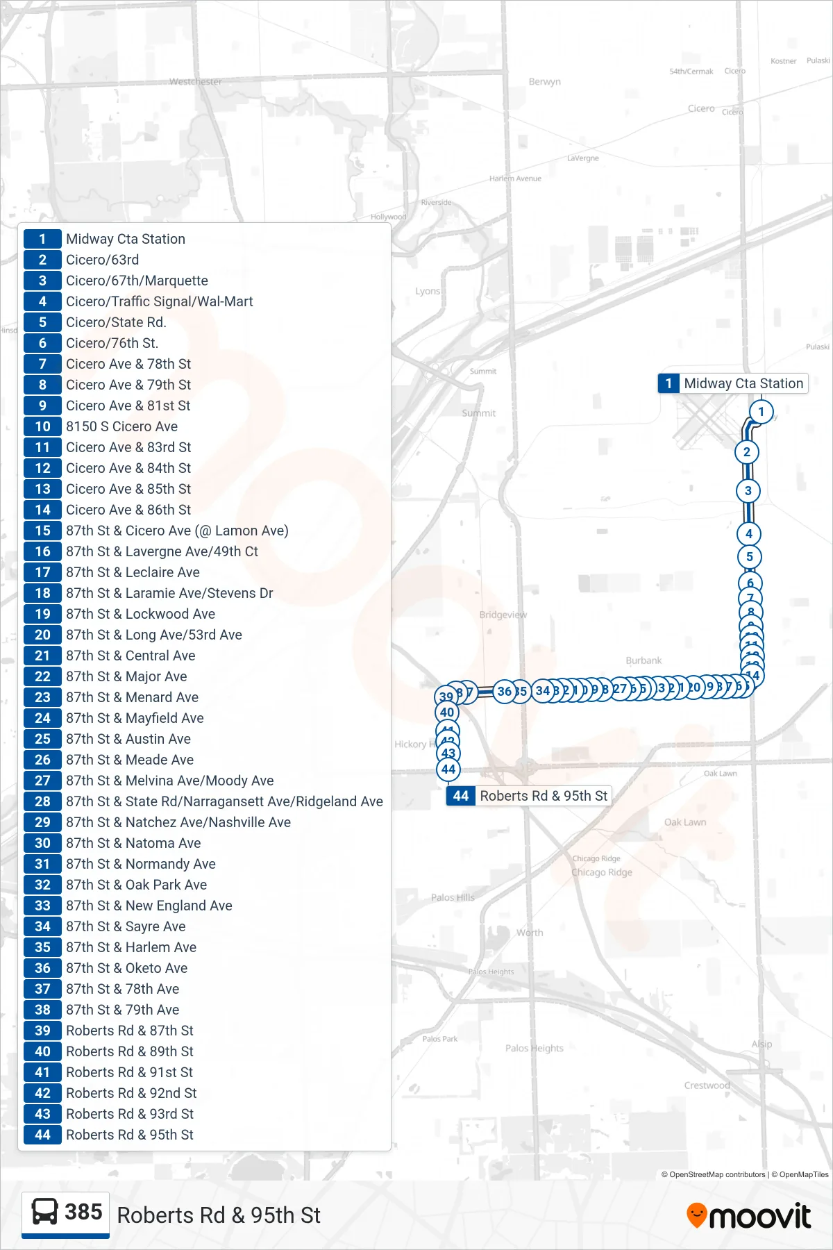 385 bus Line (Roberts Rd & 95th St) route and stops on a map