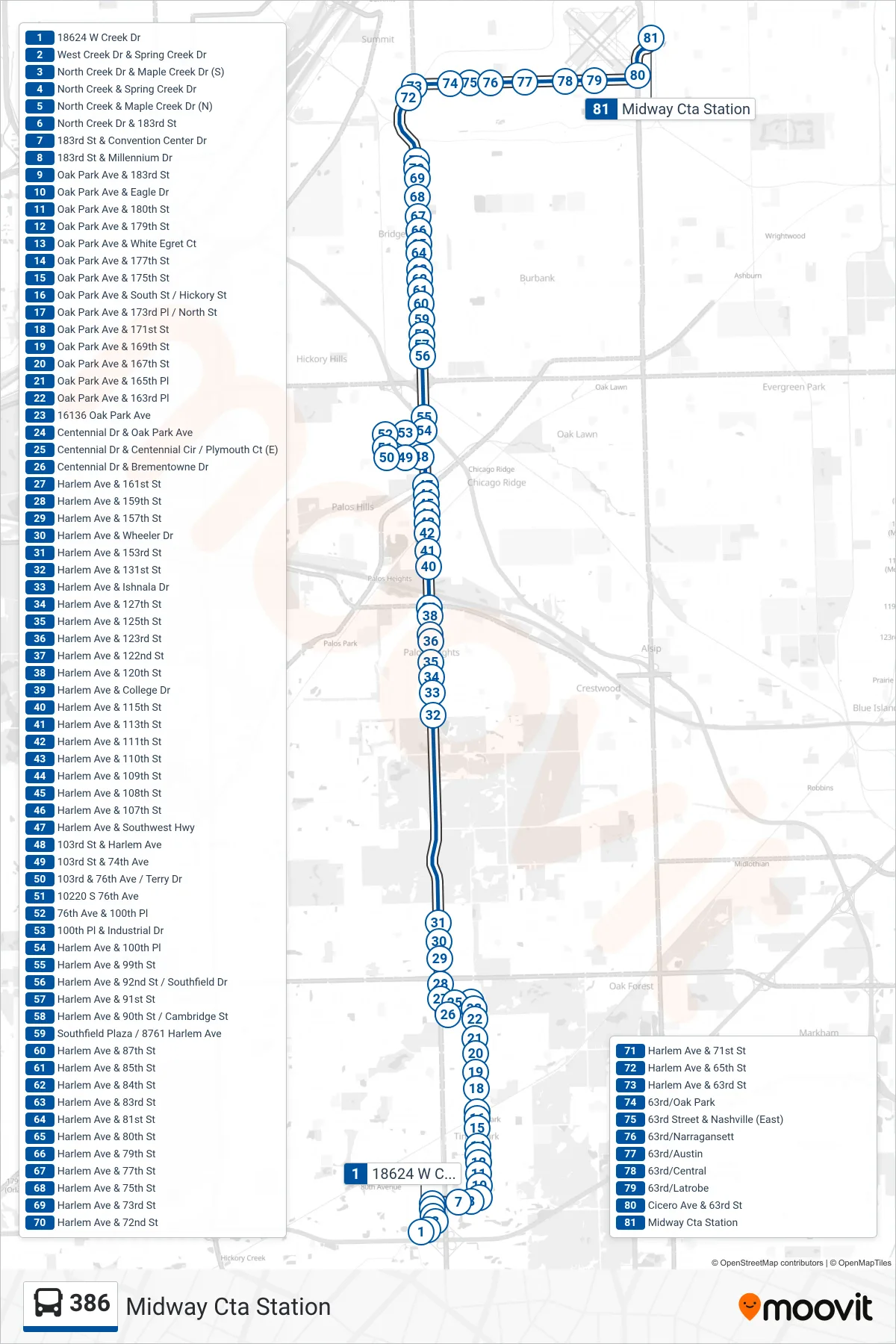 386 bus Line (Midway Cta Station) route and stops on a map