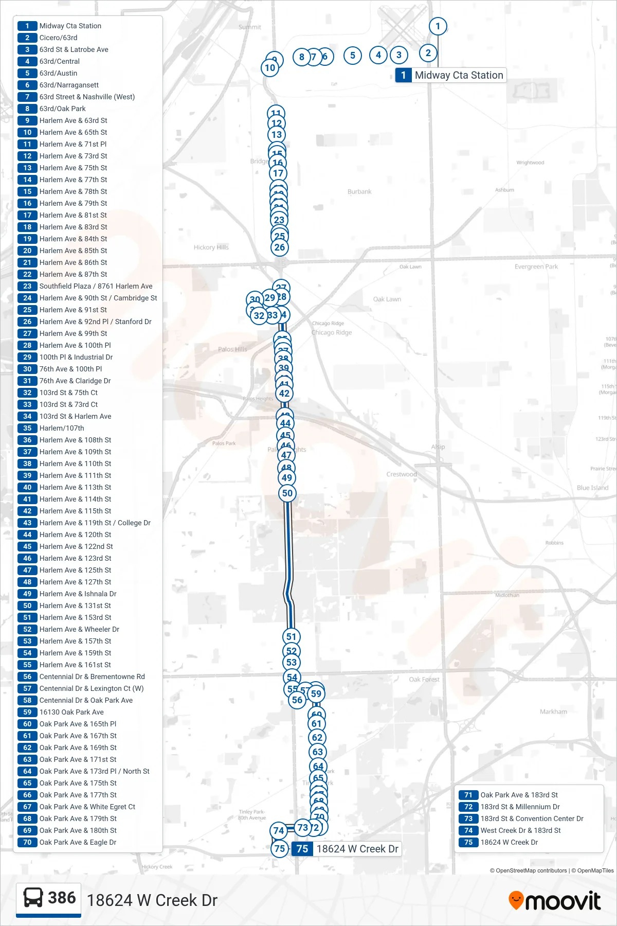 386 bus Line (18624 W Creek Dr) route and stops on a map