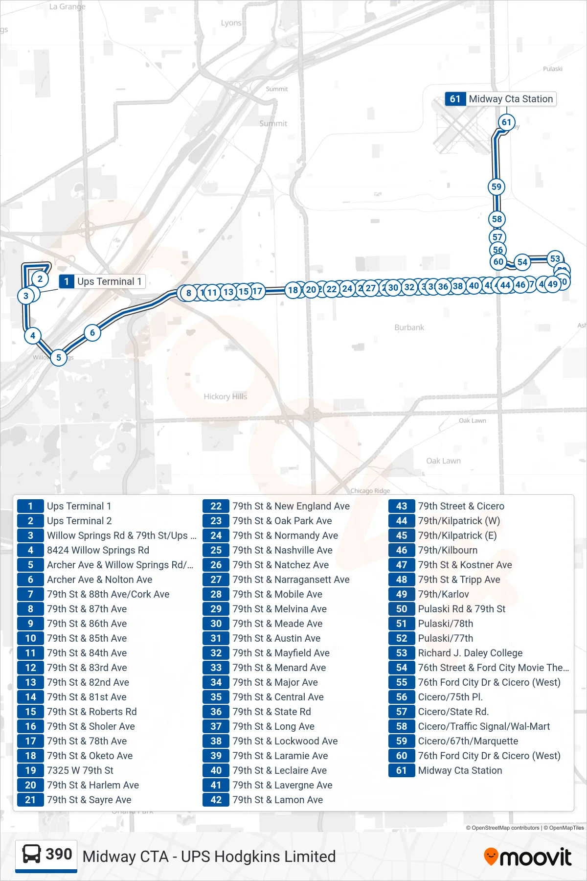 390 bus Line (Midway Cta Station) route and stops on a map