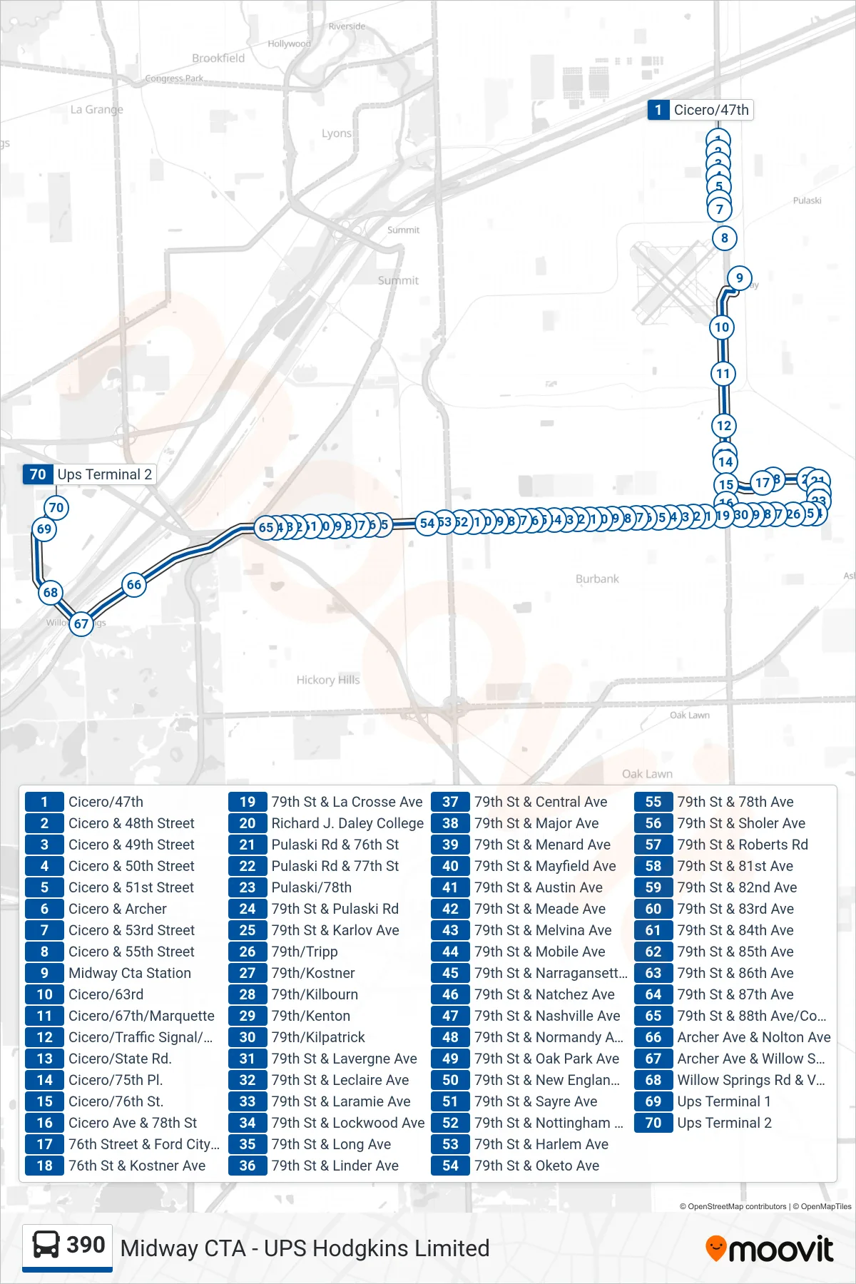 390 bus Line (Ups Terminal 2) route and stops on a map