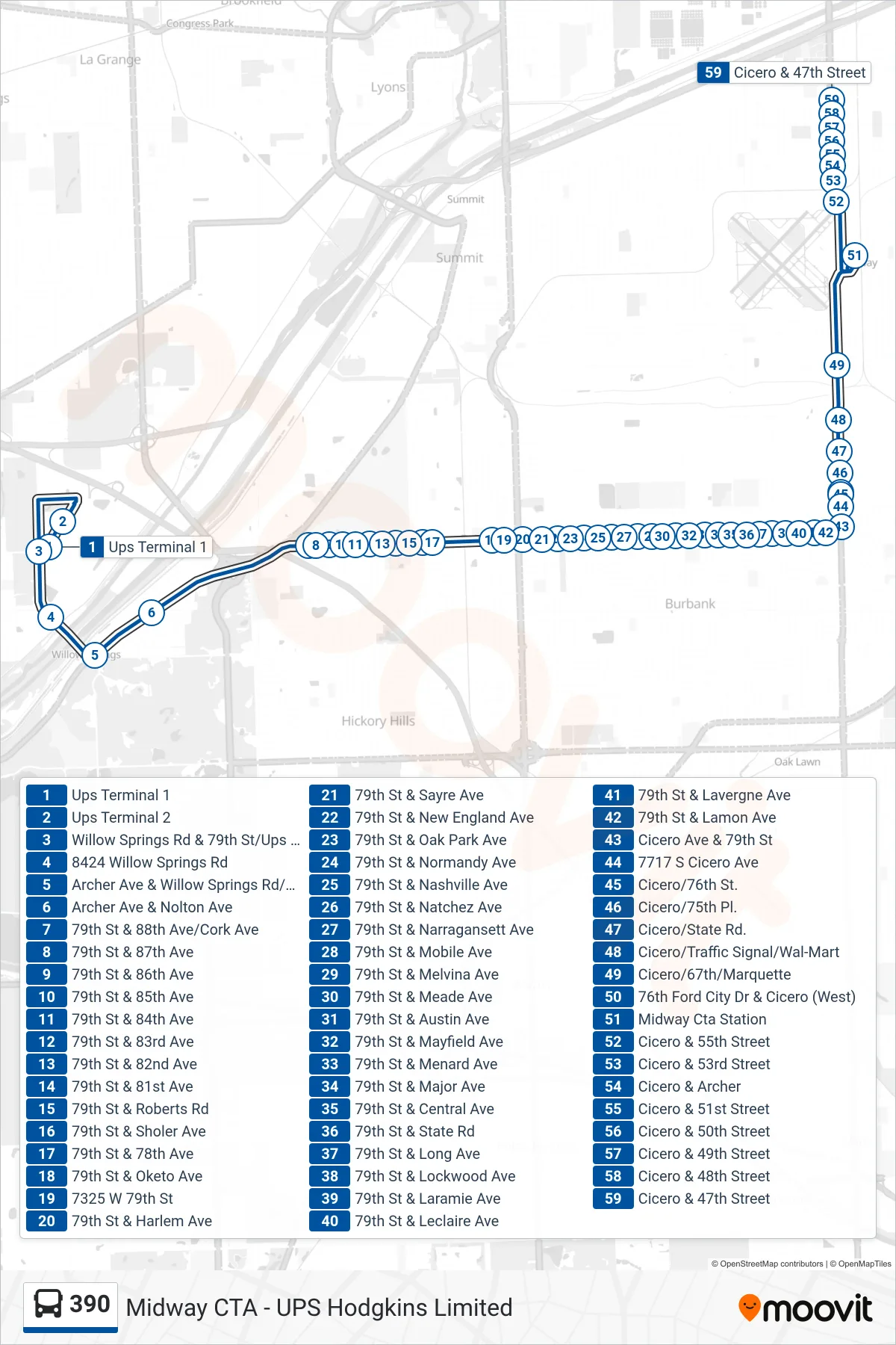 390 bus Line (Cicero Ave & 47th St) route and stops on a map