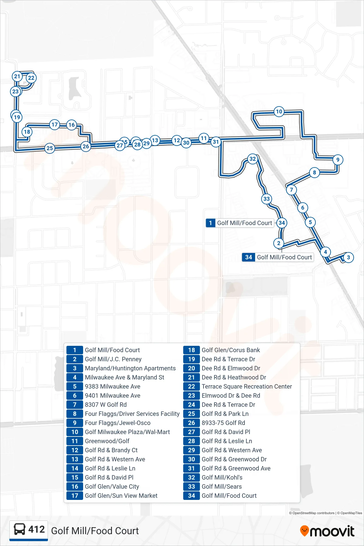 412 bus Line (Golf Mill/Food Court) route and stops on a map
