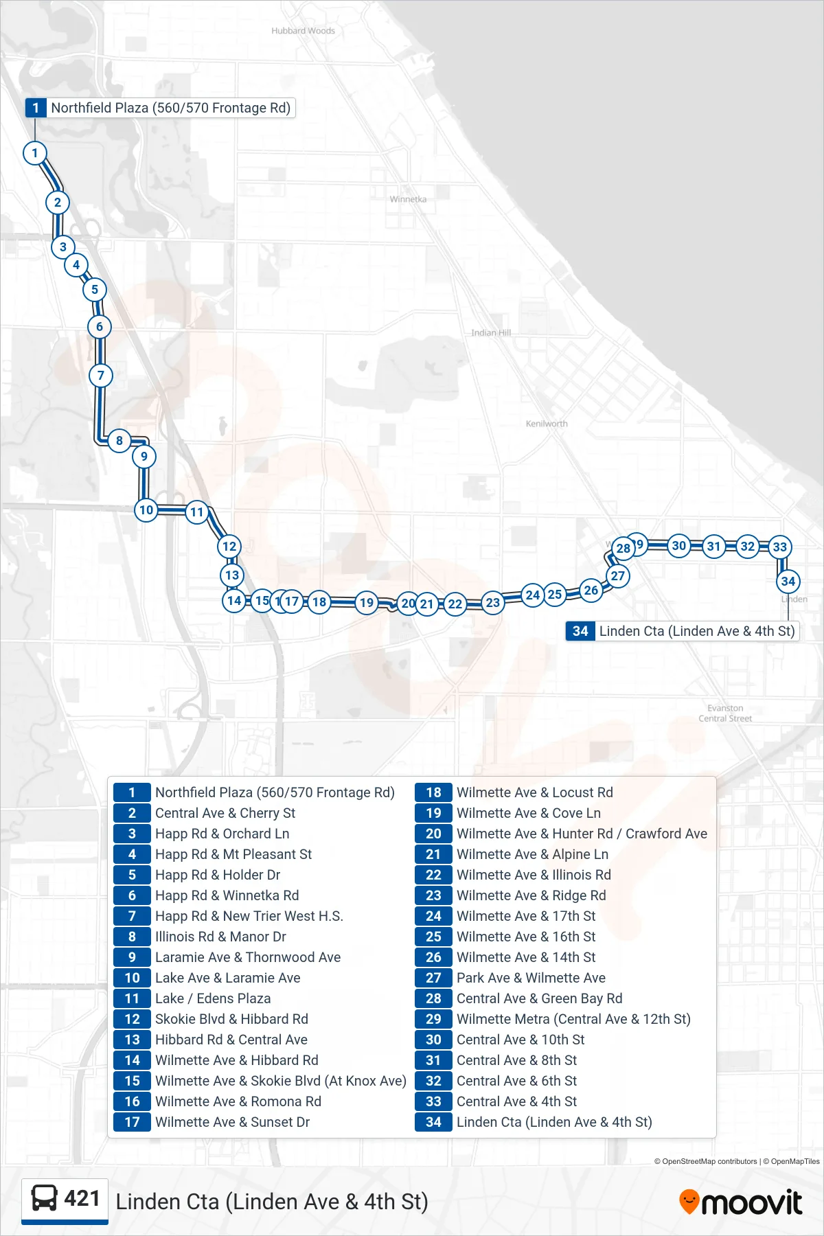 421 bus Line (Linden Cta (Linden Ave & 4th St)) route and stops on a map