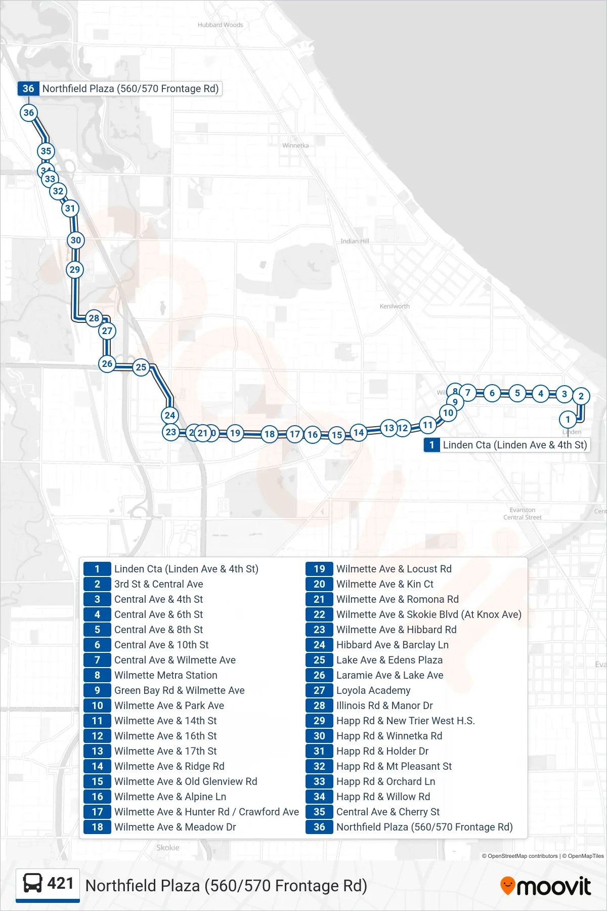 421 bus Line (Northfield Plaza (560/570 Frontage Rd)) route and stops on a map
