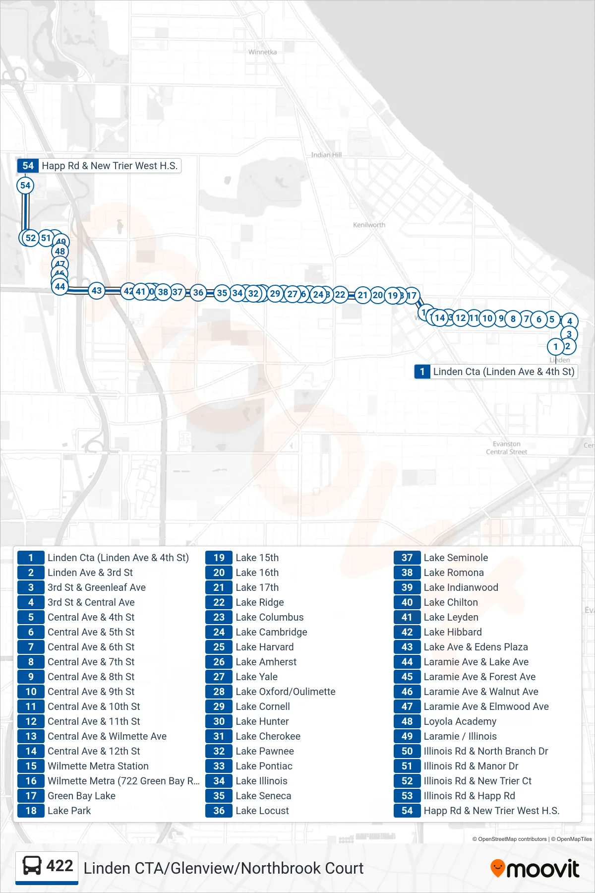 422 bus Line (Happ Rd & New Trier West H.S.) route and stops on a map
