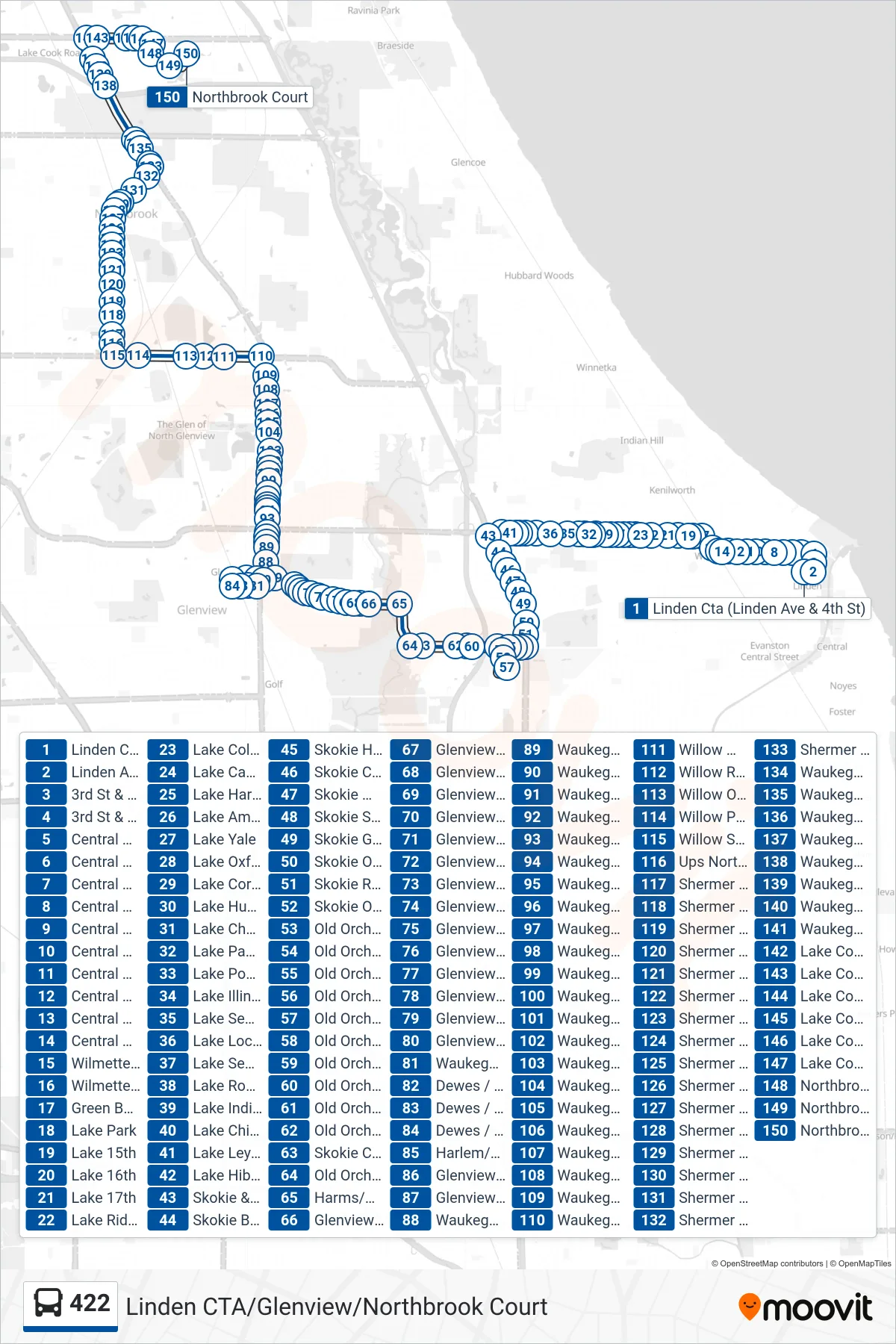 422 bus Line (Northbrook Court) route and stops on a map