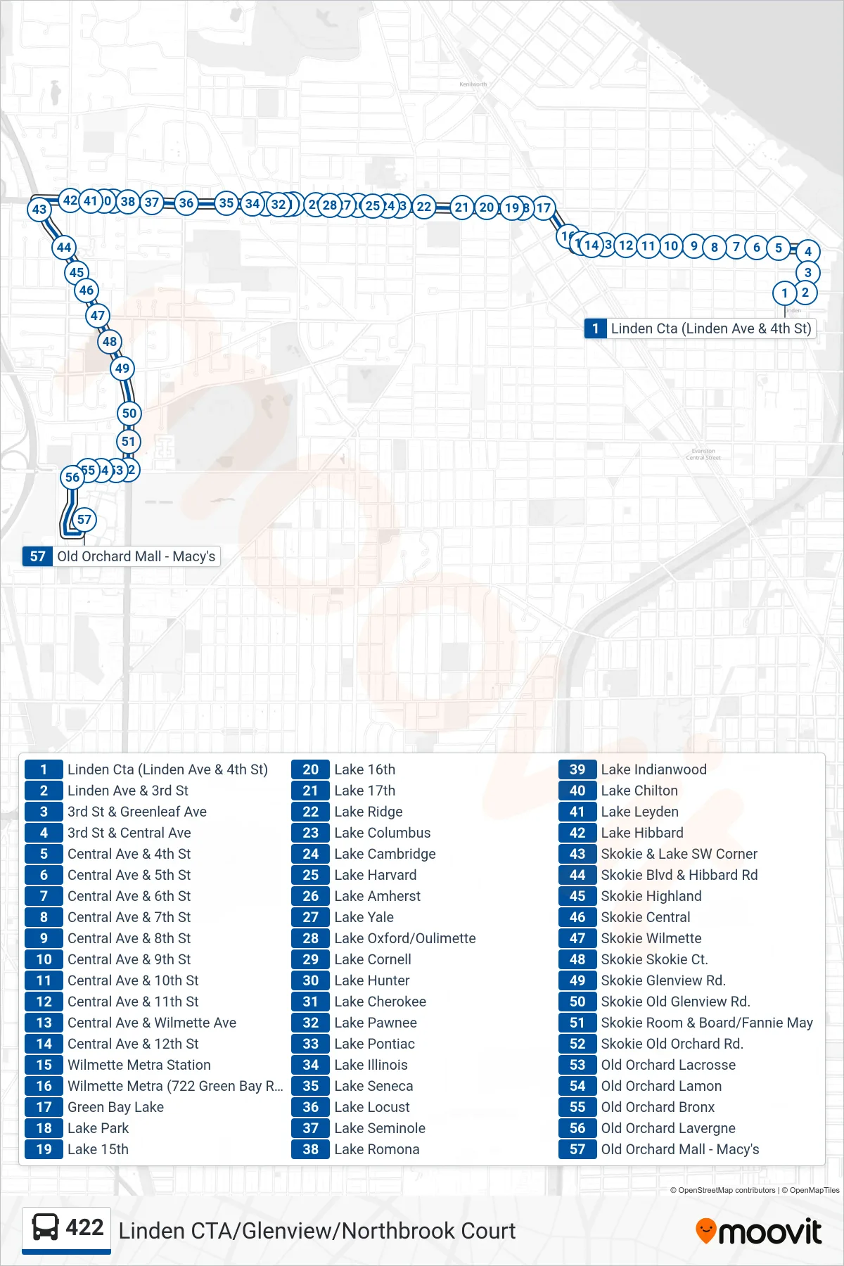 422 bus Line (Old Orchard Mall - Macy's) route and stops on a map