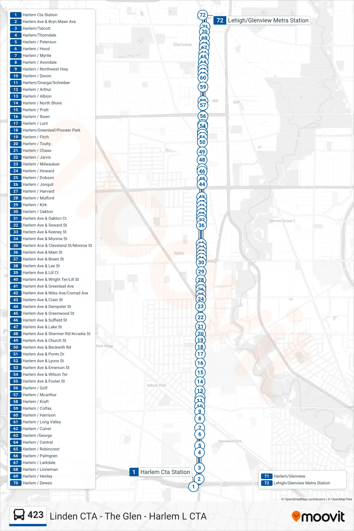 423 bus Line (Lehigh/Glenview Metra Station) route and stops on a map