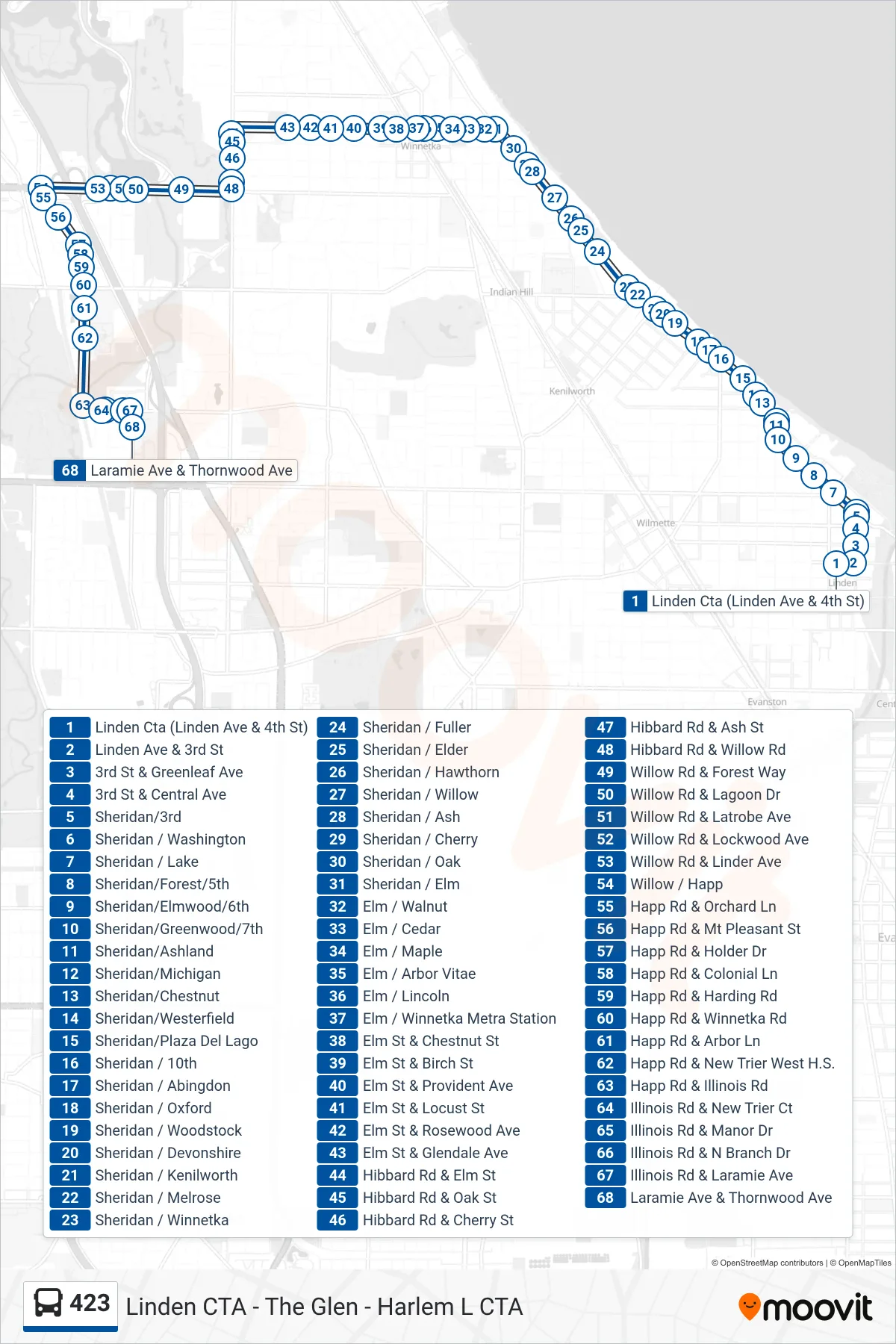 423 bus Line (Laramie Ave & Thornwood Ave) route and stops on a map
