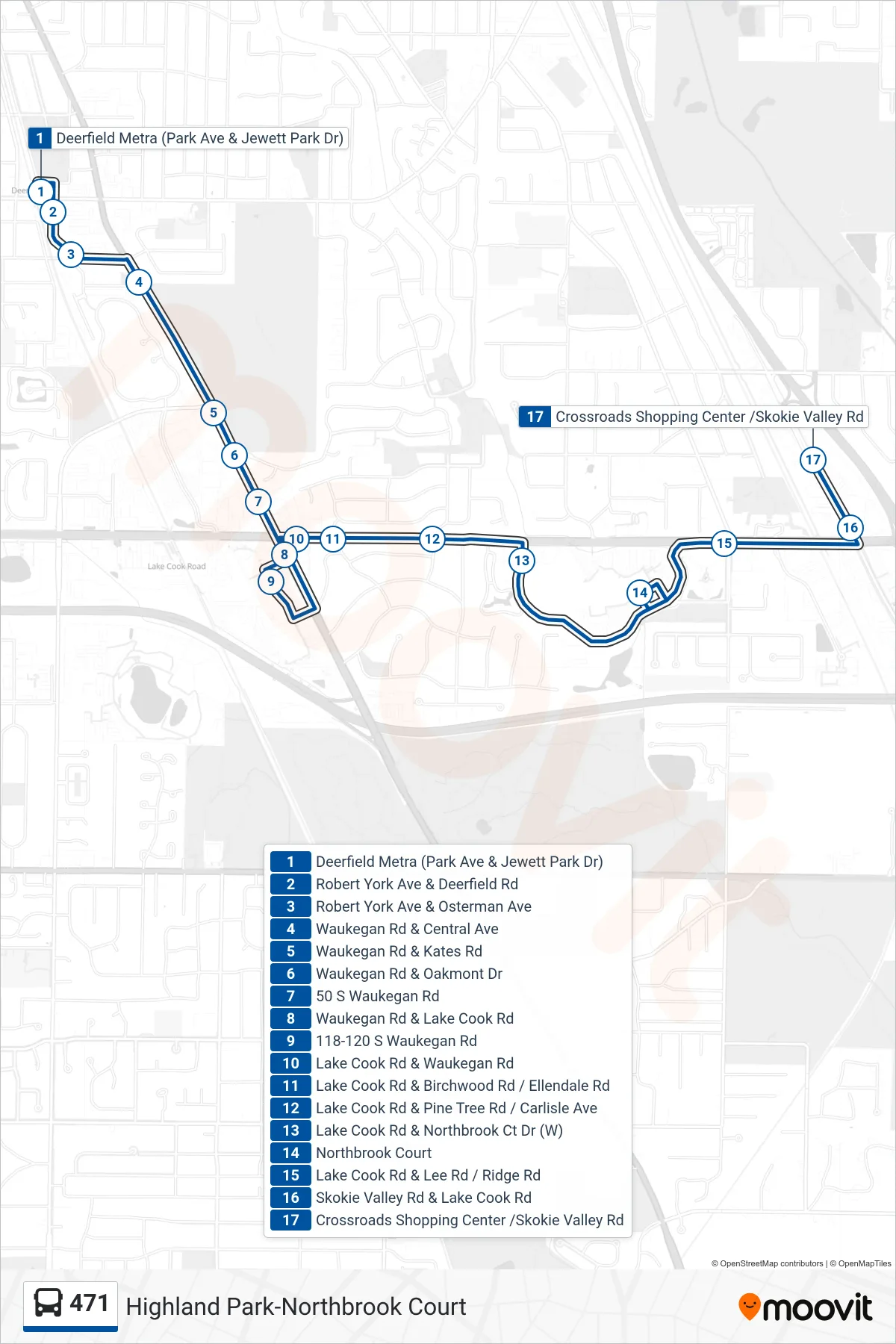 471 bus Line (Crossroads Shopping Center /Skokie Valley Rd) route and stops on a map