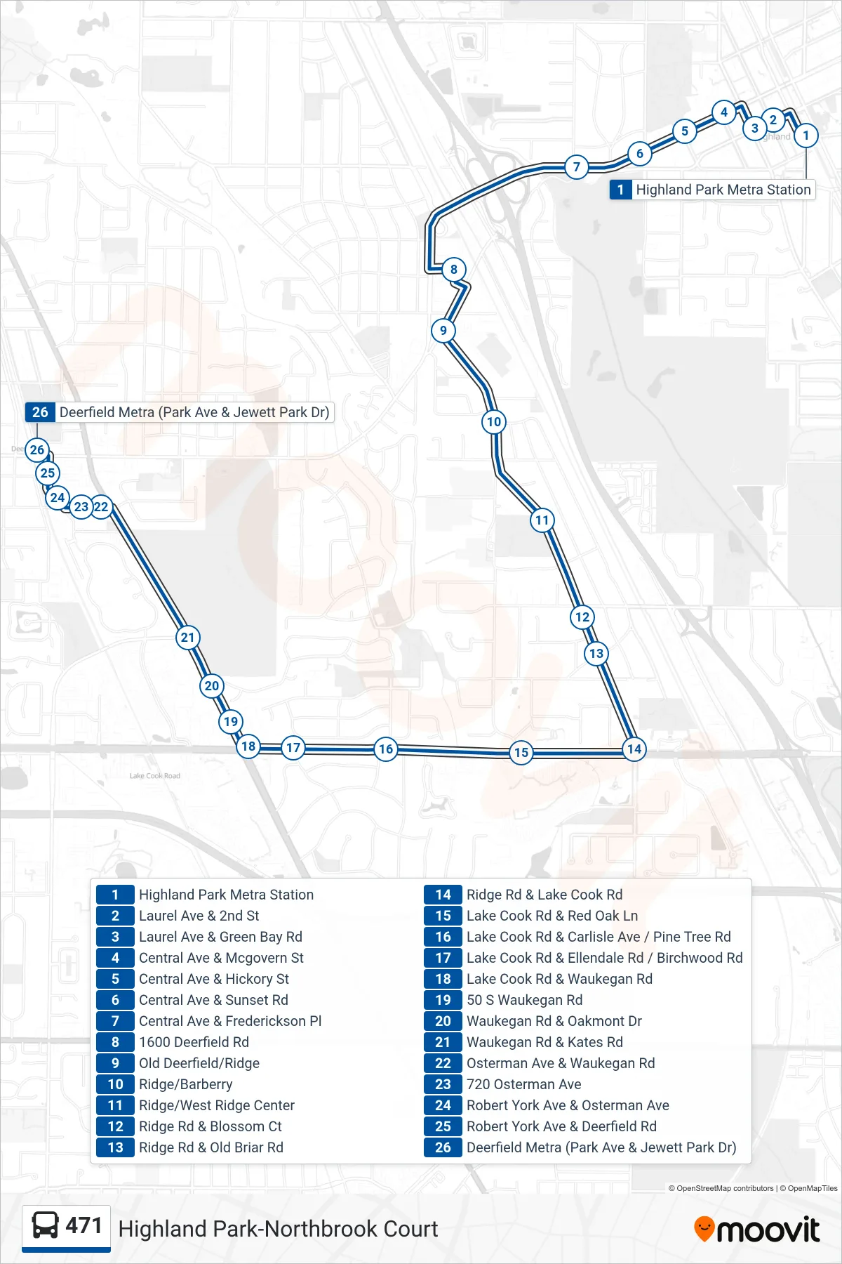 471 bus Line (Deerfield Metra (Park Ave & Jewett Park Dr)) route and stops on a map