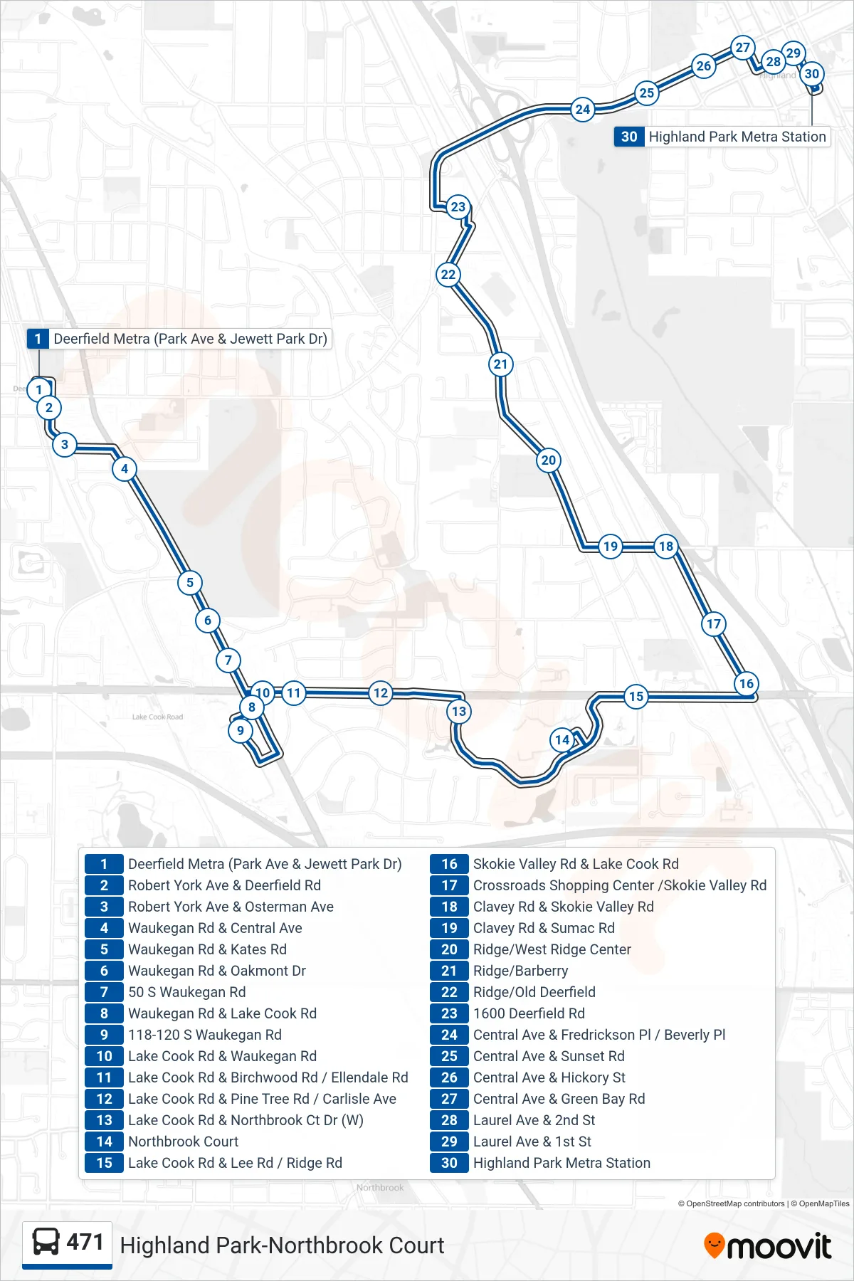 471 bus Line (Highland Park Metra Station) route and stops on a map