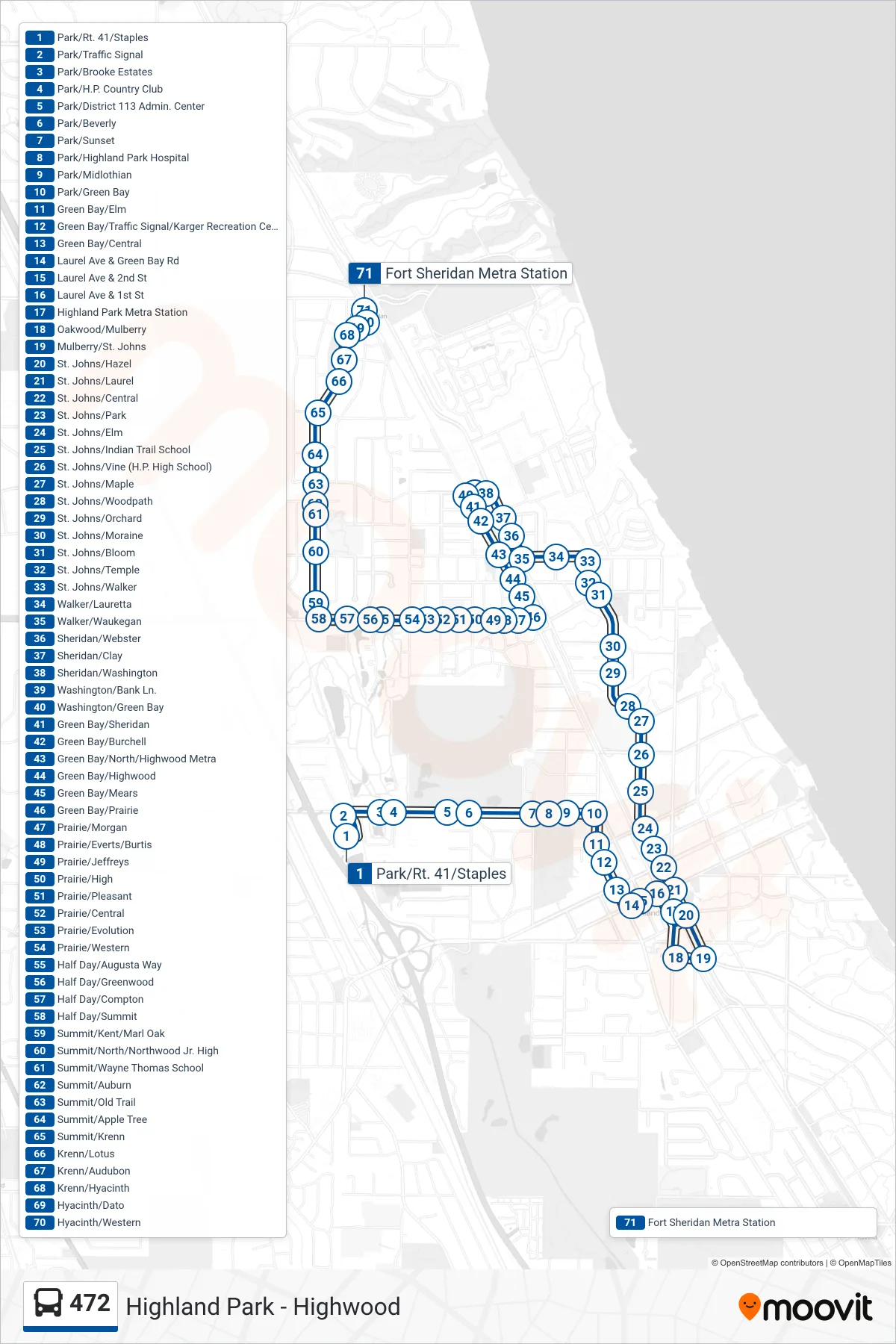 472 bus Line (Fort Sheridan Metra Station) route and stops on a map