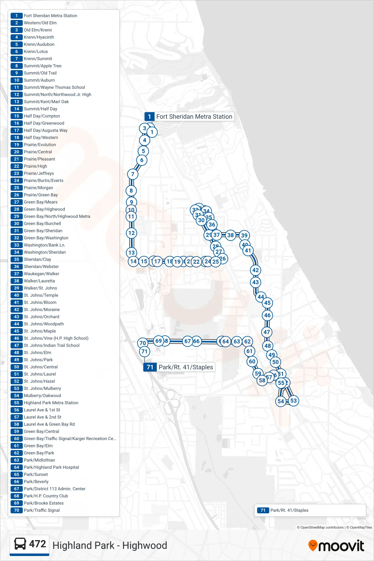 472 bus Line (Park/Rt. 41/Staples) route and stops on a map