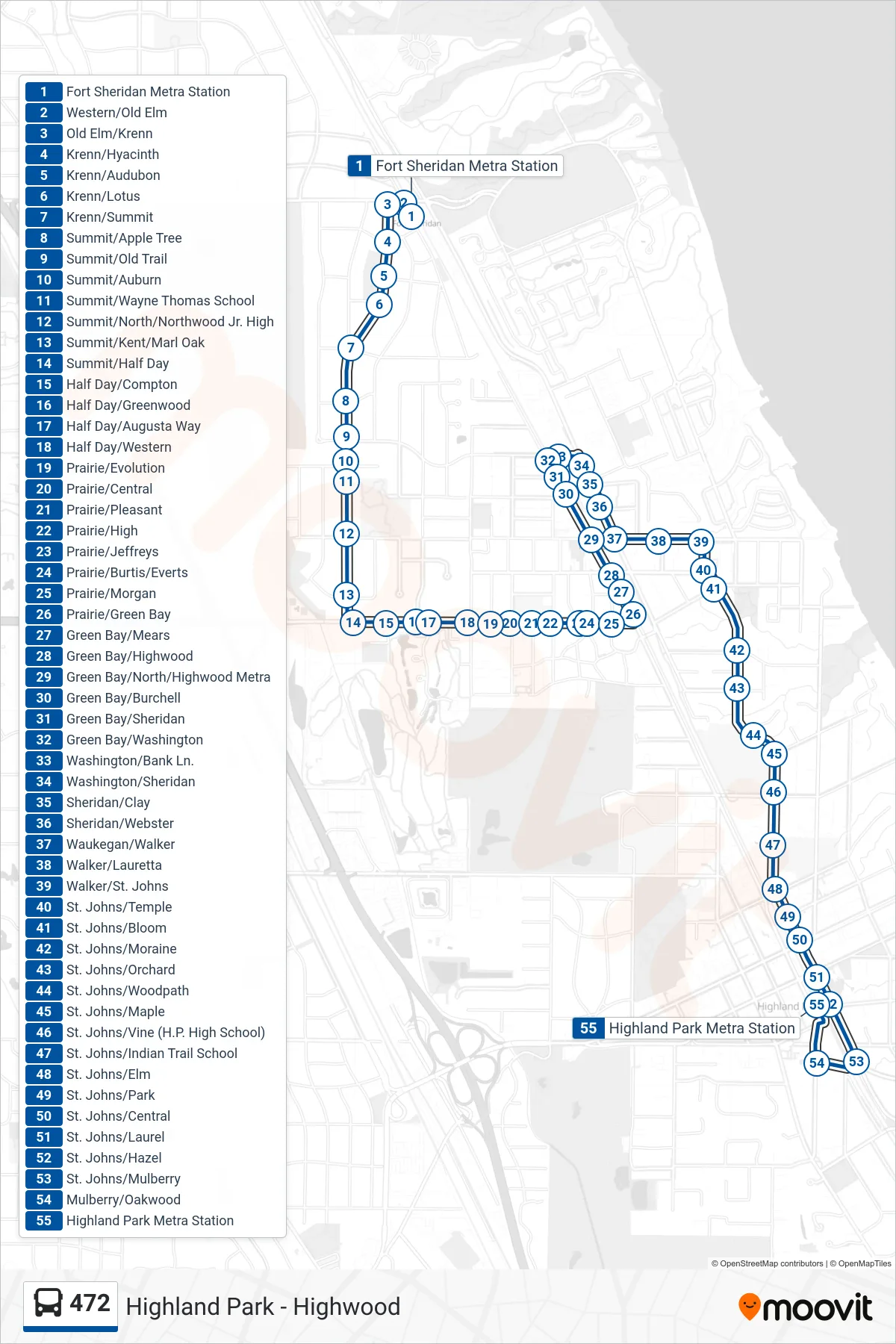 472 bus Line (Highland Park Metra Station) route and stops on a map