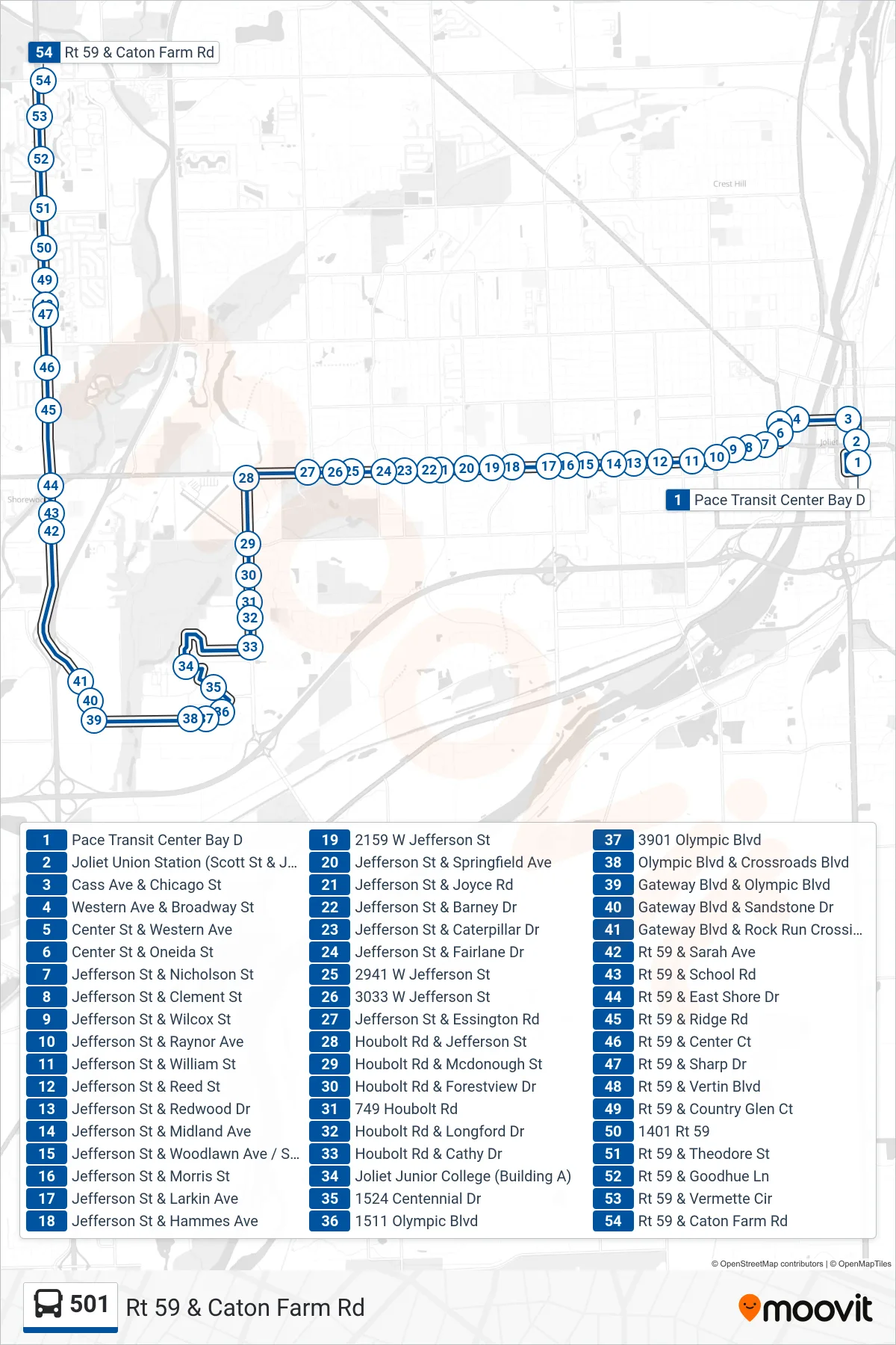 501 bus Line (Rt 59 & Caton Farm Rd) route and stops on a map
