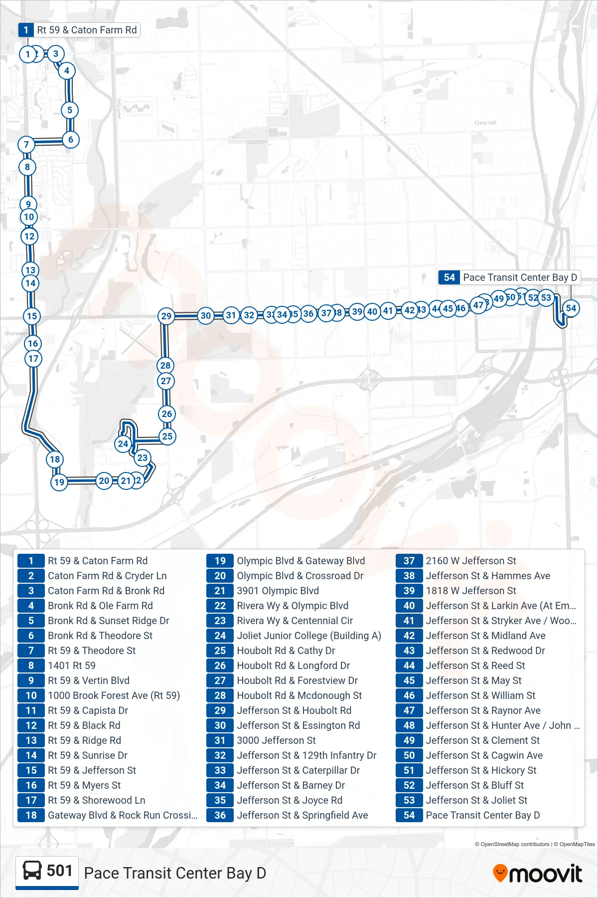 501 bus Line (Pace Transit Center Bay D) route and stops on a map