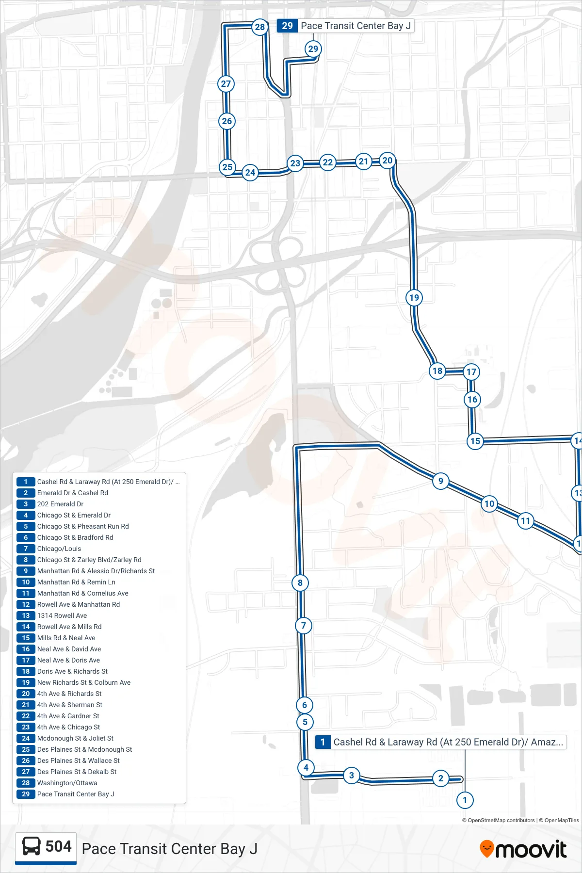 504 bus Line (Pace Transit Center Bay J) route and stops on a map