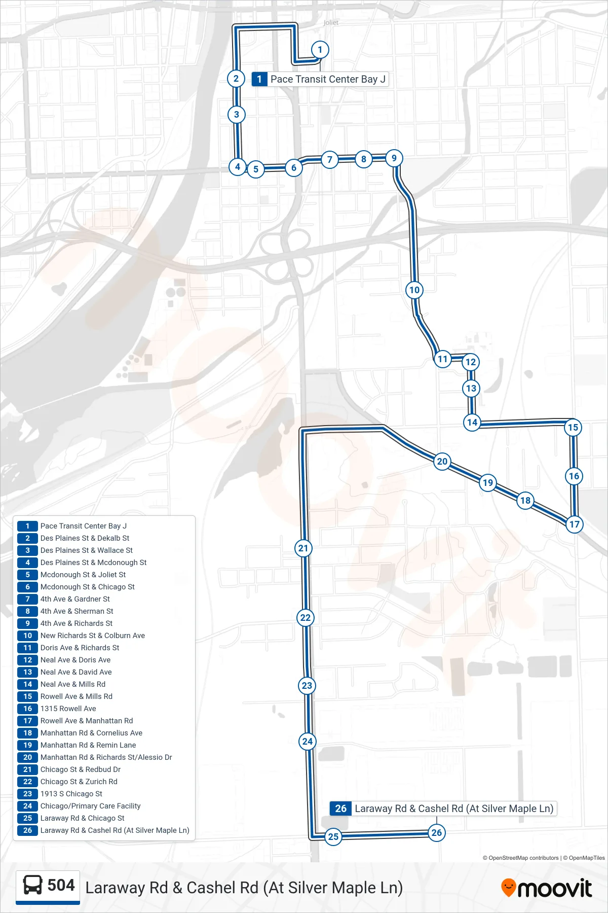 504 bus Line (Laraway Rd & Cashel Rd (At Silver Maple Ln)) route and stops on a map