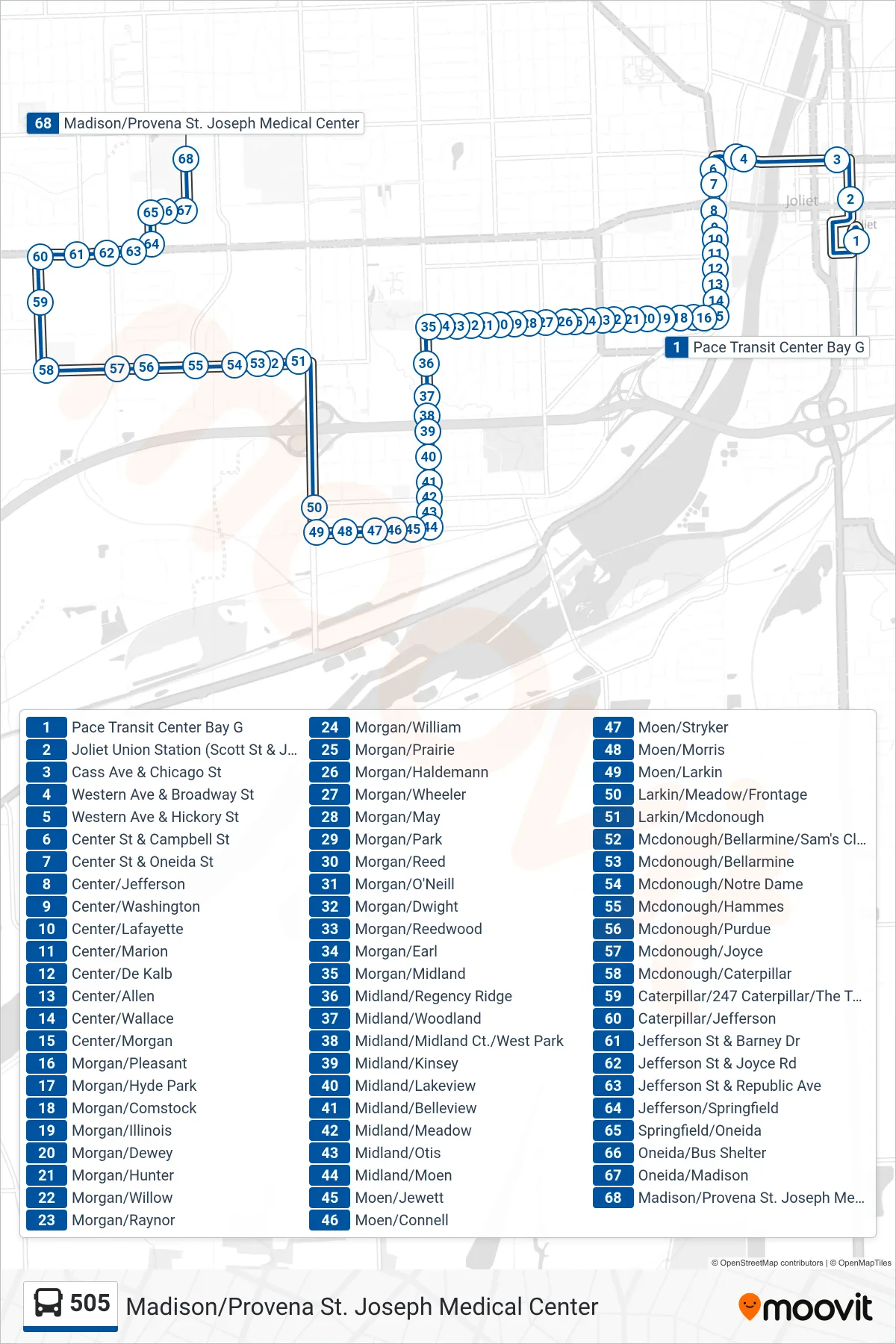 505 bus Line (Madison/Provena St. Joseph Medical Center) route and stops on a map