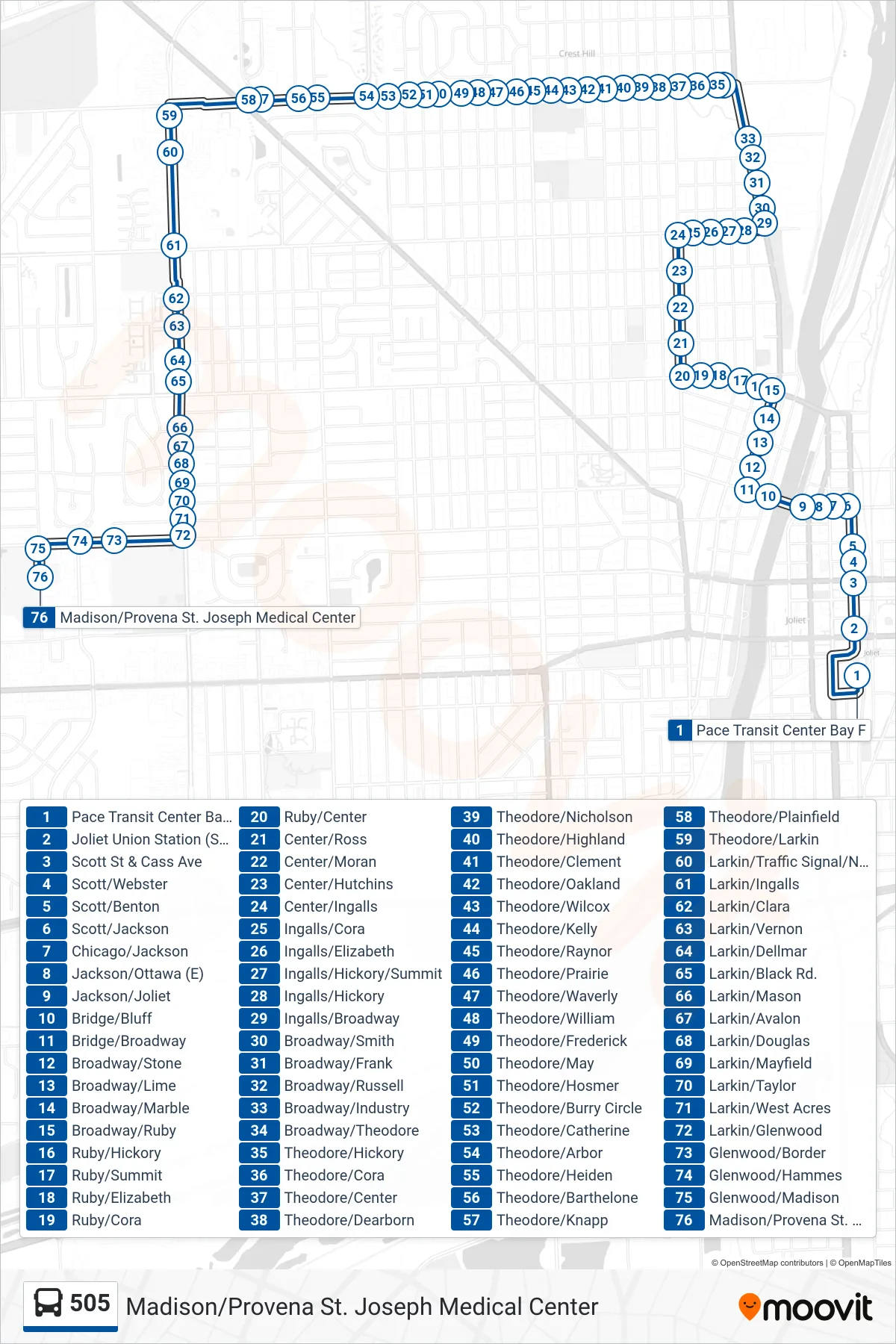 505 bus Line (Madison/Provena St. Joseph Medical Center) route and stops on a map