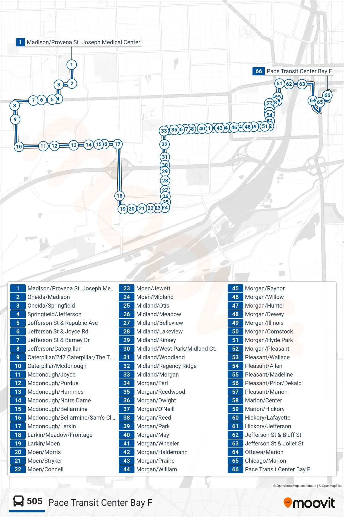 505 bus Line (Pace Transit Center Bay F) route and stops on a map