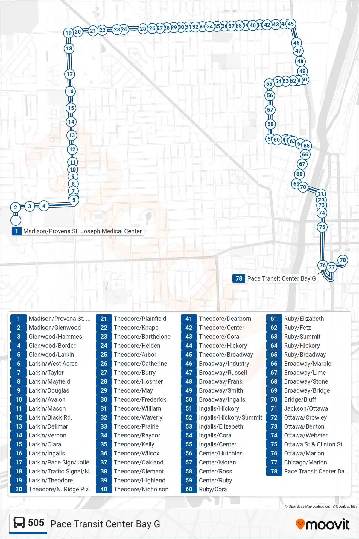 505 bus Line (Pace Transit Center Bay G) route and stops on a map