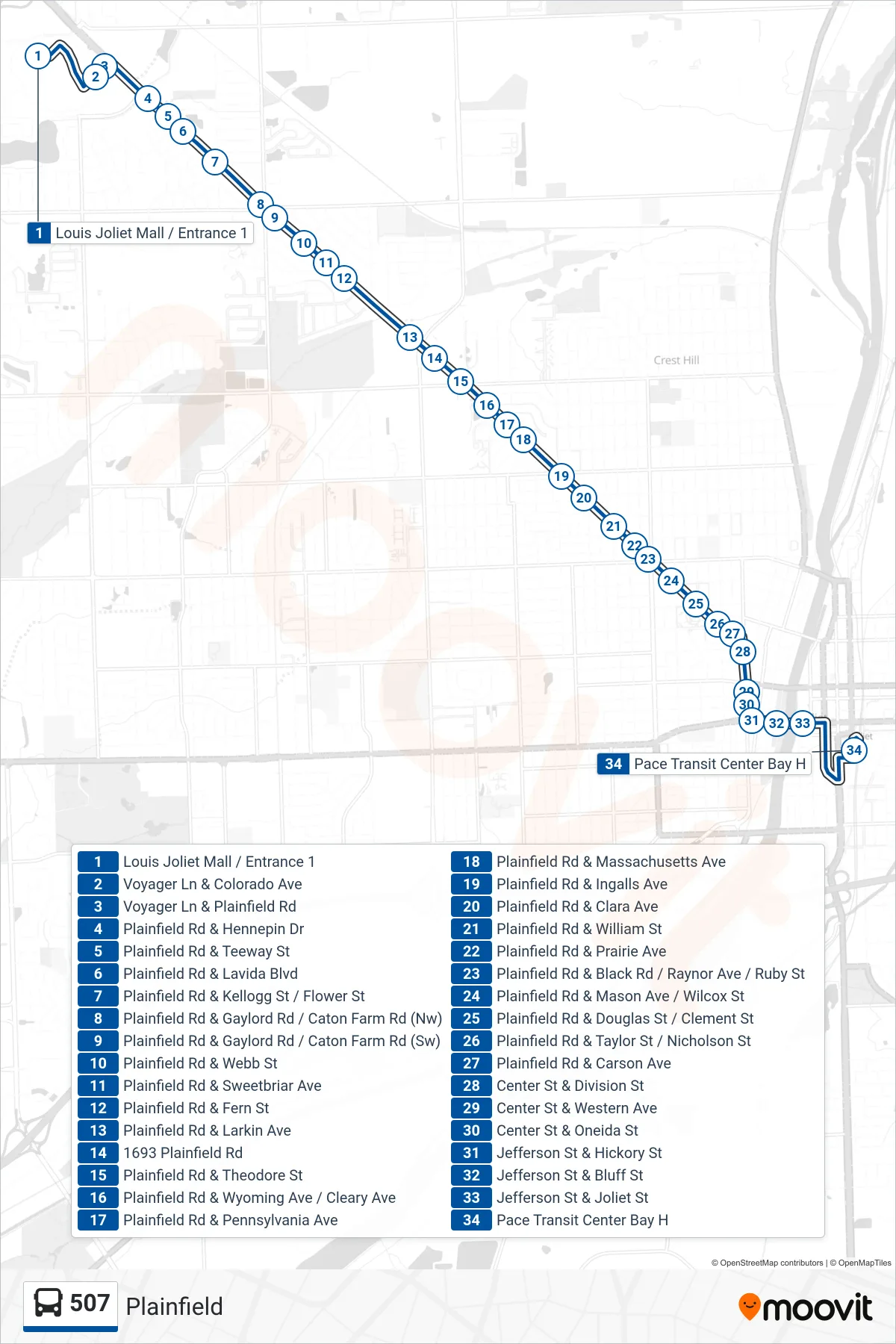 507 bus Line (Pace Transit Center Bay H) route and stops on a map