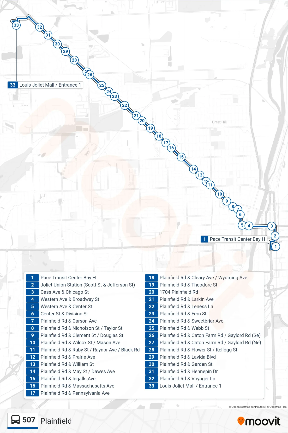 507 bus Line (Louis Joliet Mall / Entrance 1) route and stops on a map
