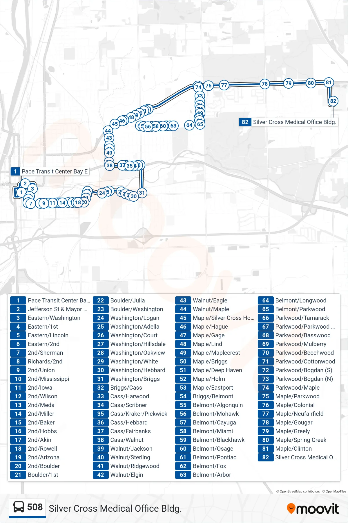 508 bus Line (Silver Cross Medical Office Bldg.) route and stops on a map