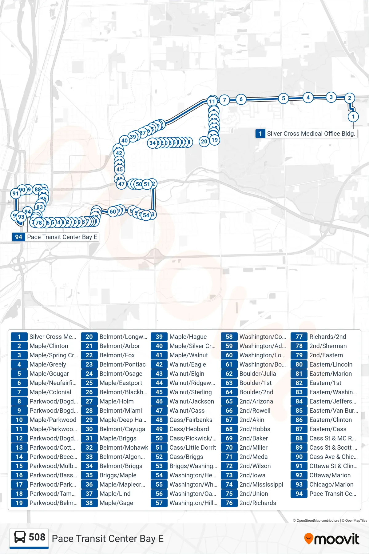 508 bus Line (Pace Transit Center Bay E) route and stops on a map