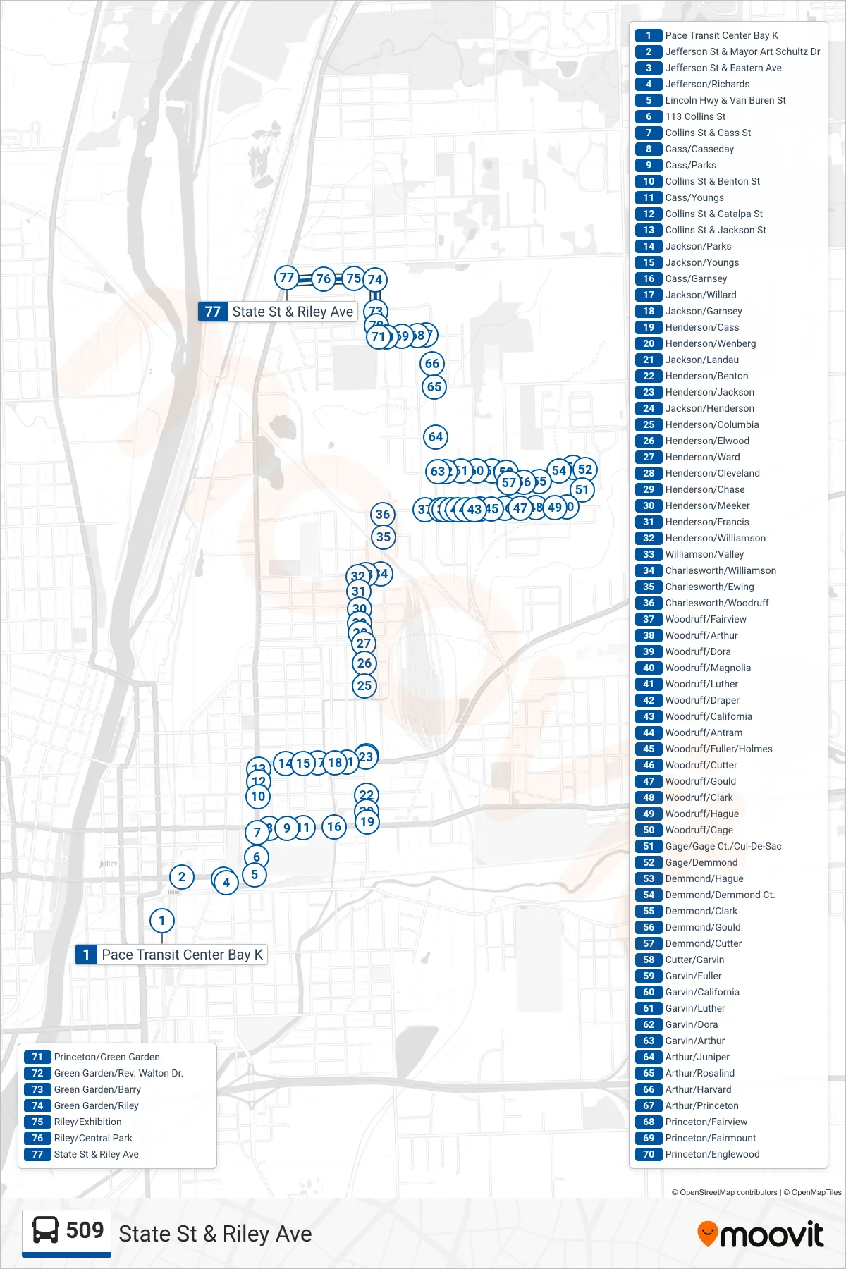 509 bus Line (State St & Riley Ave) route and stops on a map