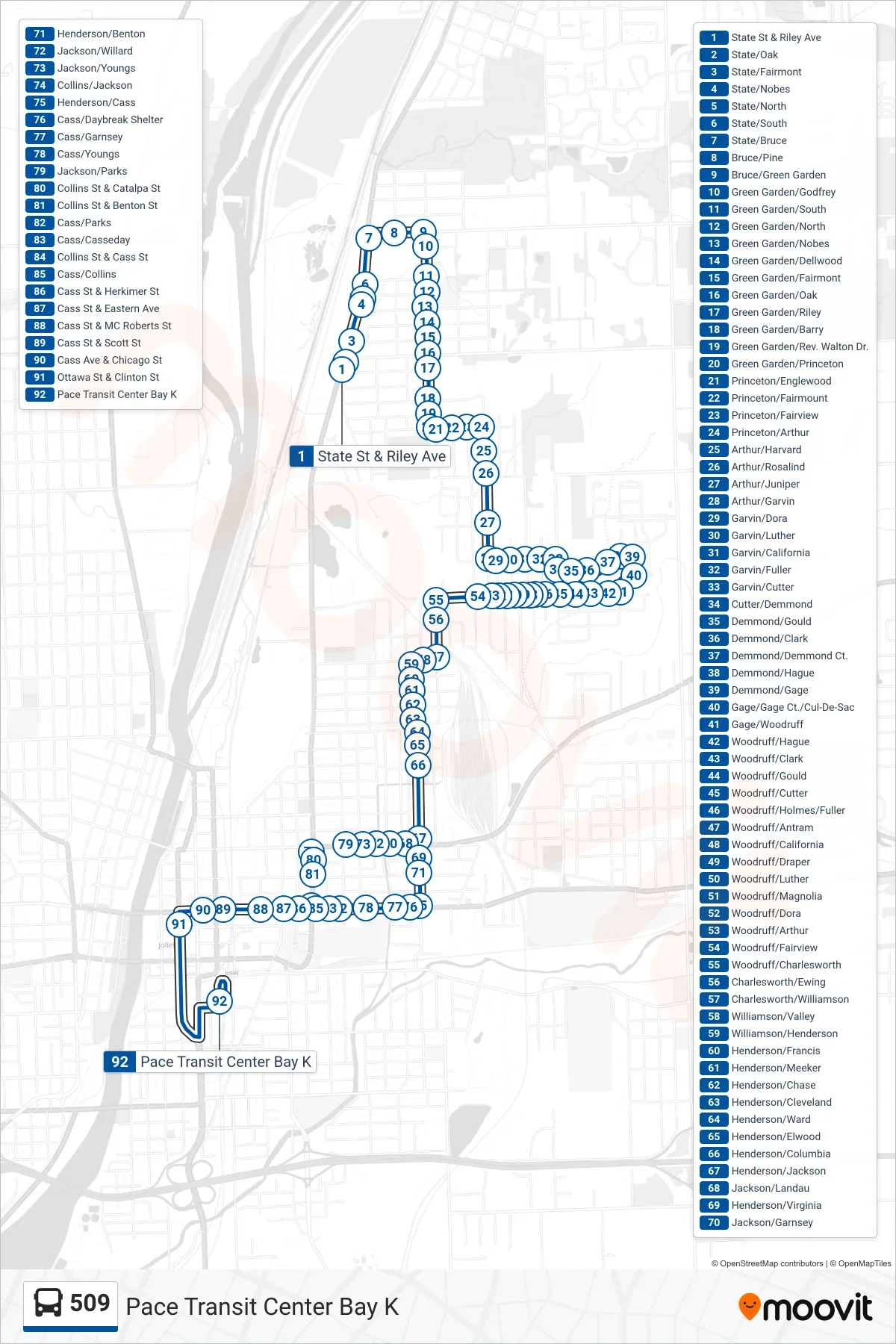 509 bus Line (Pace Transit Center Bay K) route and stops on a map