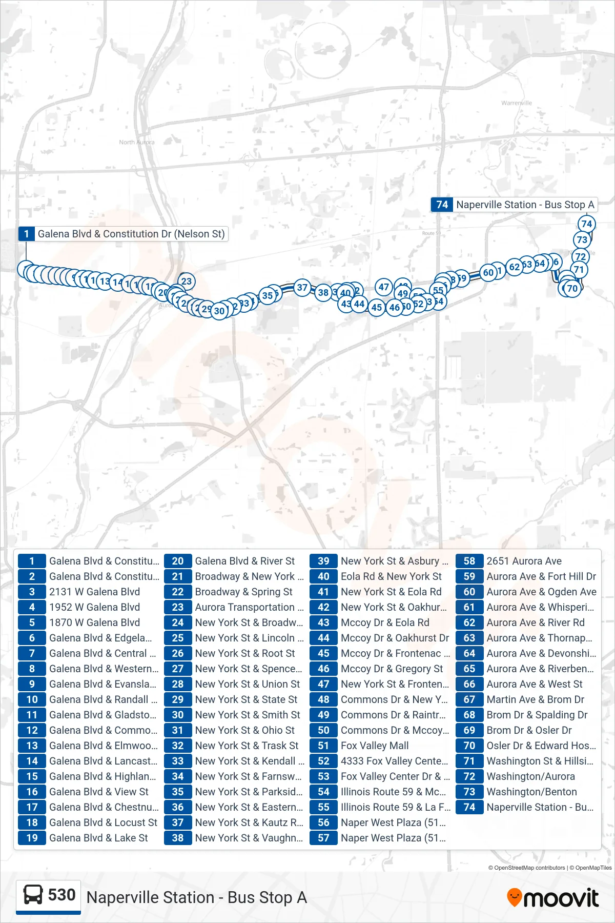 530 bus Line (Naperville Station - Bus Stop A) route and stops on a map
