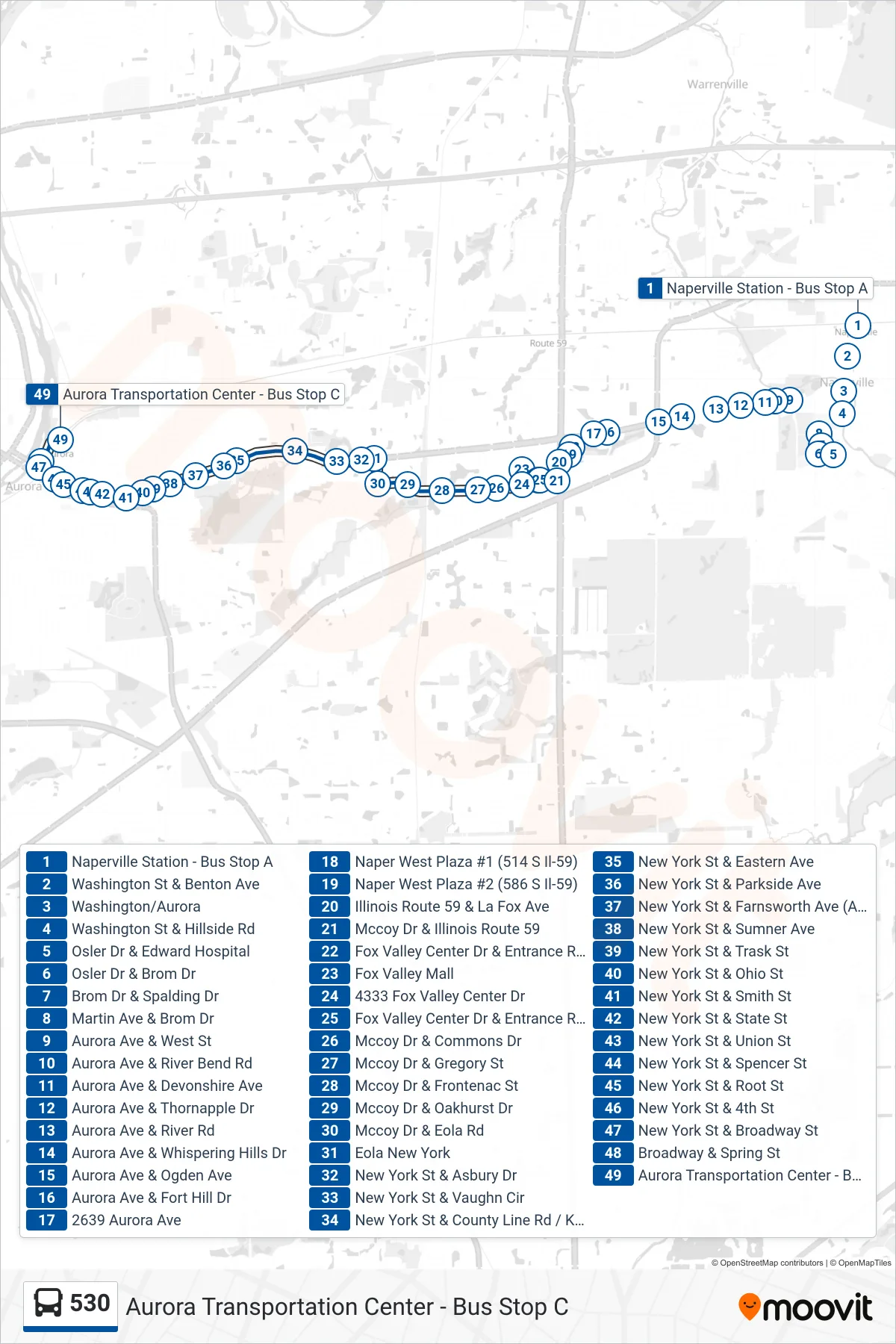 530 bus Line (Aurora Transportation Center - Bus Stop C) route and stops on a map