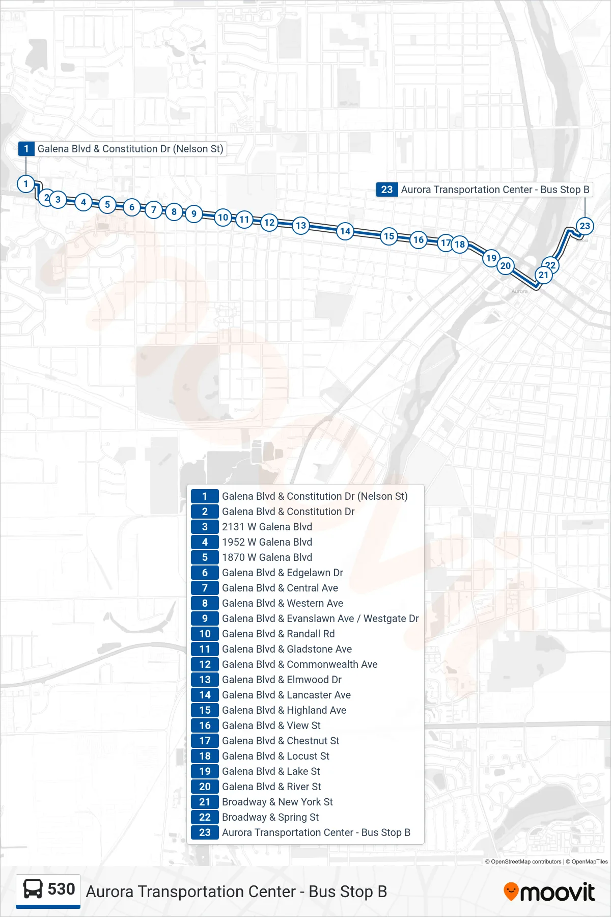 530 bus Line (Aurora Transportation Center - Bus Stop B) route and stops on a map