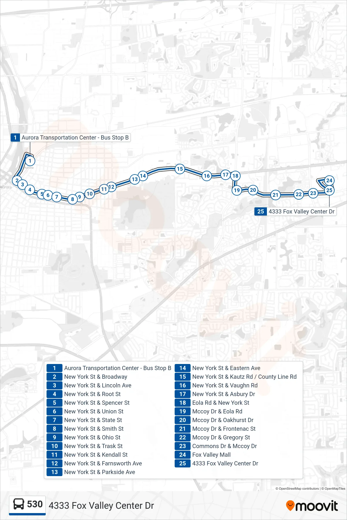 530 bus Line (4333 Fox Valley Center Dr) route and stops on a map
