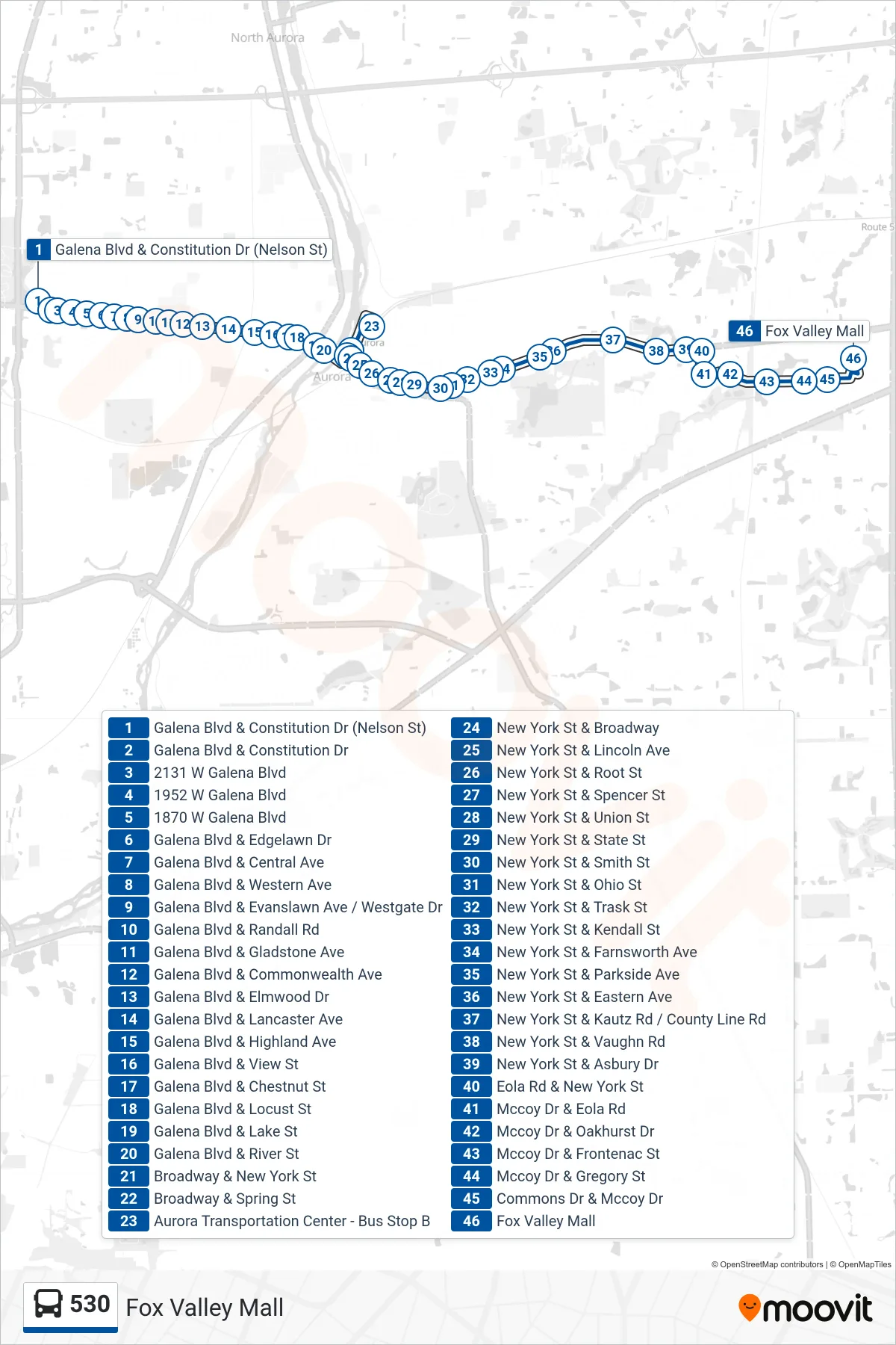 530 bus Line (Fox Valley Mall) route and stops on a map
