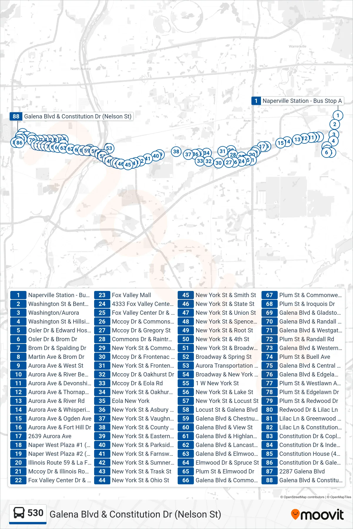 530 bus Line (Galena Blvd & Constitution Dr (Nelson St)) route and stops on a map