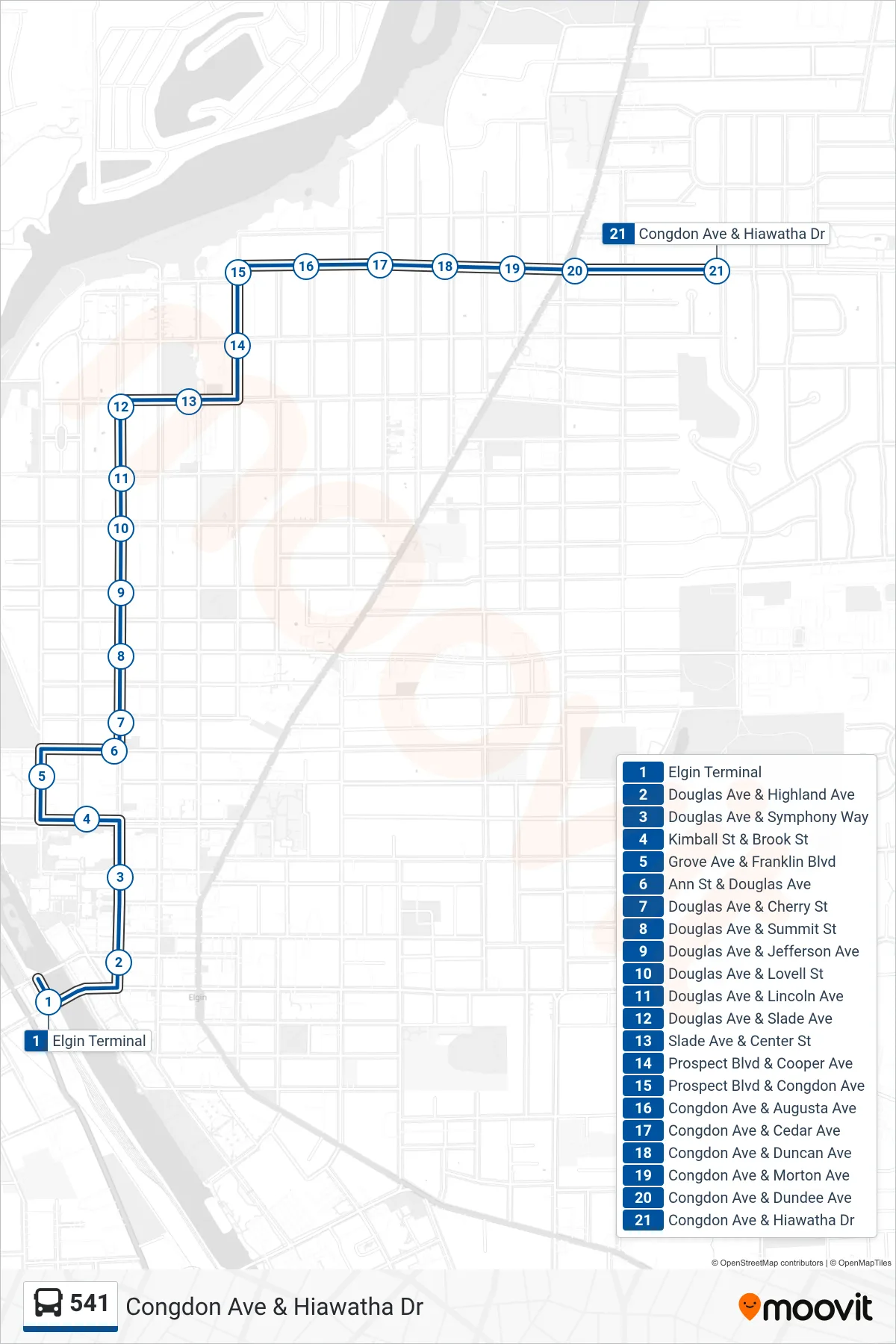 541 bus Line (Congdon Ave & Hiawatha Dr) route and stops on a map