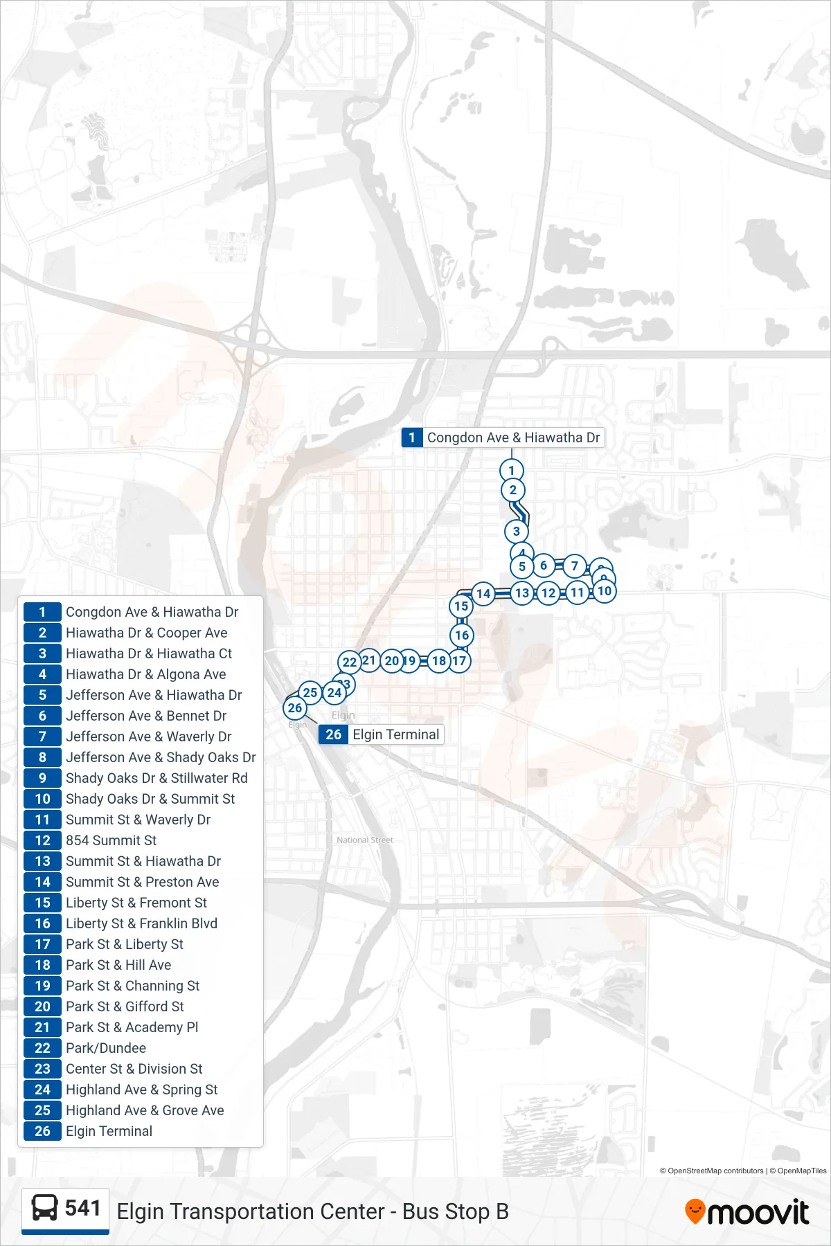 541 bus Line (Elgin Transportation Center - Bus Stop B) route and stops on a map